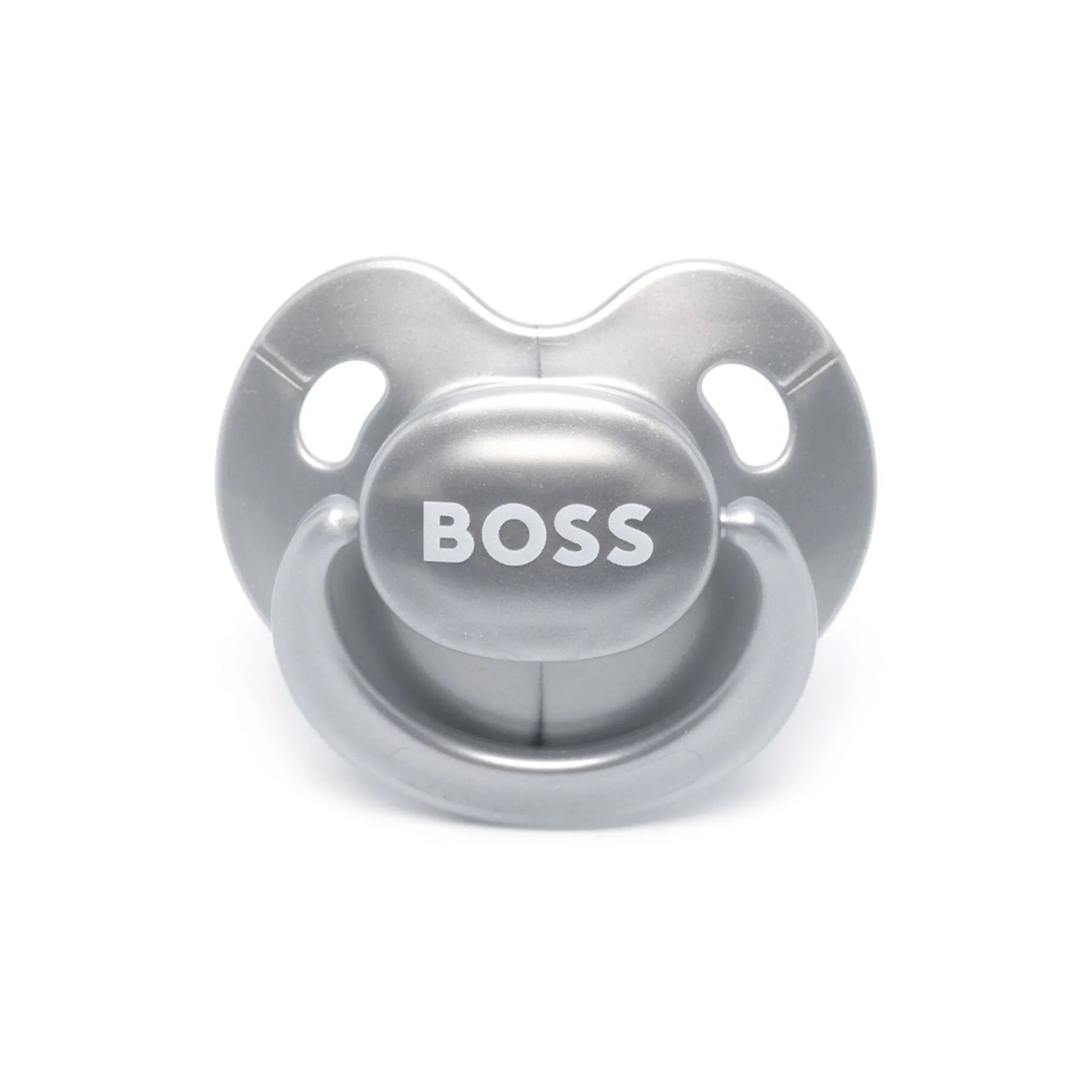 BOSS Kidswear grey logo-print dummy designed for infants, featuring a comfortable silicone construction and a single circular handle for easy gripping. This premium accessory combines style and functionality, making it perfect for modern parents looking for quality baby products. Ideal for everyday use, this dummy ensures comfort and durability for your little one, available at Lestyle Boutique Melbourne.