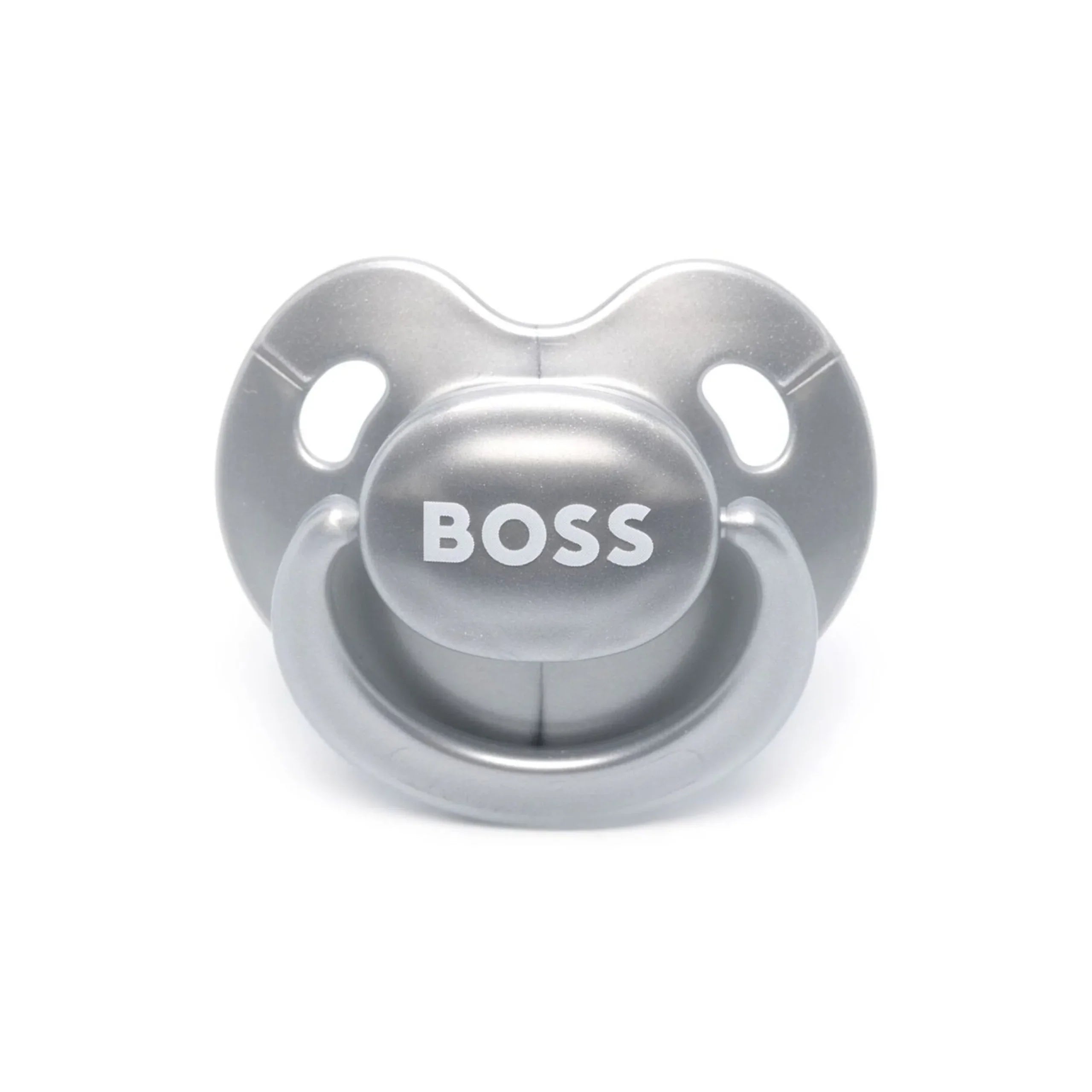 BOSS Kidswear grey logo-print dummy designed for infants, featuring a comfortable silicone construction and a single circular handle for easy gripping. This premium accessory combines style and functionality, making it perfect for modern parents looking for quality baby products. Ideal for everyday use, this dummy ensures comfort and durability for your little one, available at Lestyle Boutique Melbourne.