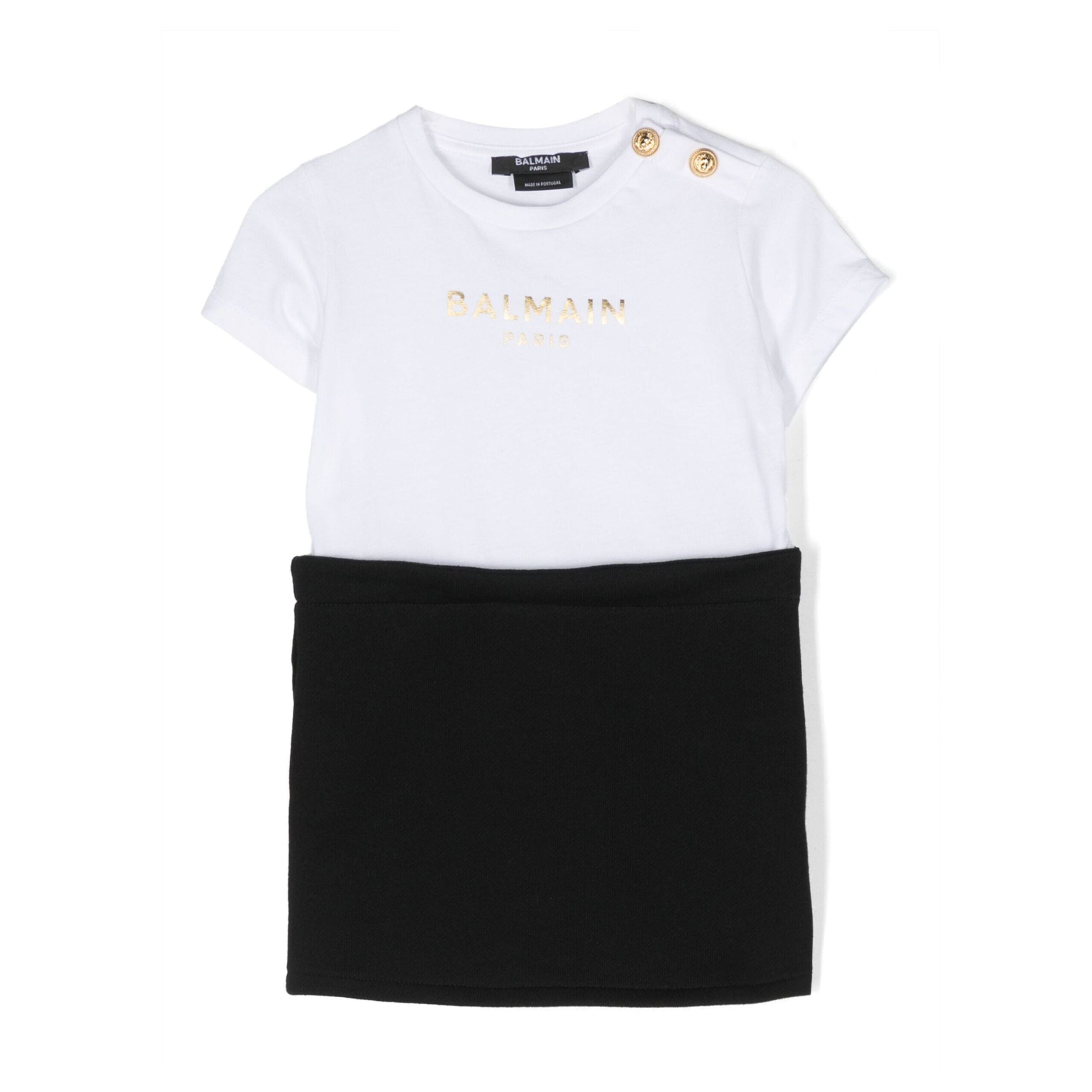 Stylish Balmain kids logo-print cotton dress set featuring a chic black and white design. The premium cotton fabric ensures comfort and breathability for little ones. This designer outfit includes a round neck and short sleeves, perfect for warm weather. The set is completed with matching bloomers, making it an ideal choice for casual outings or special occasions. Elevate your child's wardrobe with this luxury piece, available at Lestyle Boutique Melbourne.
