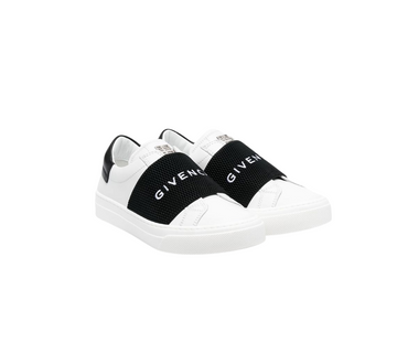 White and black Givenchy Kids logo-strap leather sneakers featuring a slip-on style and rubber sole, available at Lestyle Boutique Melbourne.