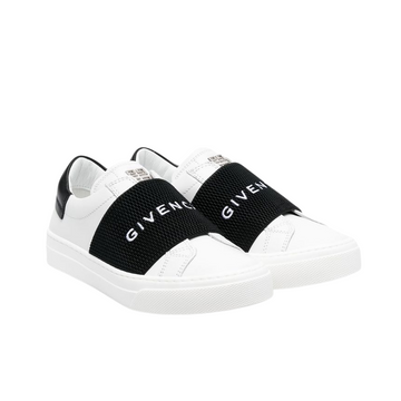 White and black Givenchy Kids logo-strap leather sneakers featuring a slip-on style and rubber sole, available at Lestyle Boutique Melbourne.