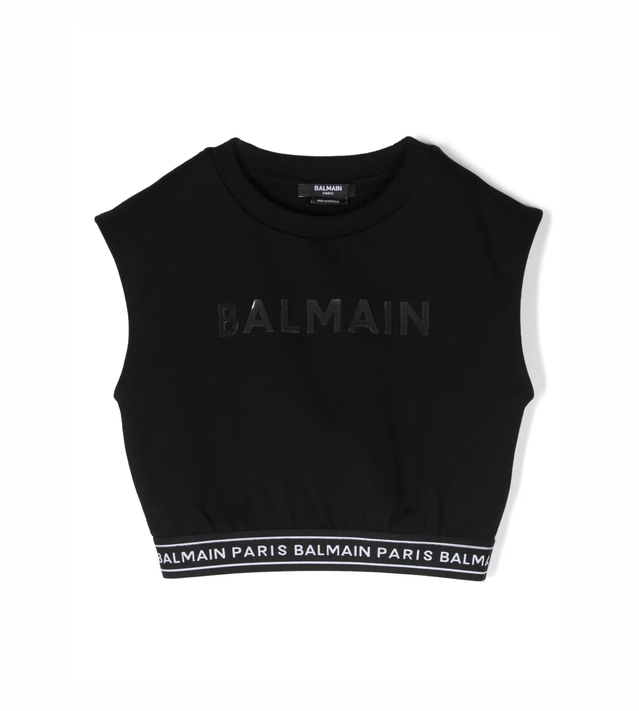 Stylish Balmain kids cropped black cotton top featuring a distinctive logo print along the hem. This premium designer piece is designed for comfort and style, perfect for young fashion enthusiasts. The straight hem and soft cotton material ensure a comfortable fit, making it ideal for casual outings or playdates. Elevate your child's wardrobe with this luxury item, available at Lestyle Boutique Melbourne.