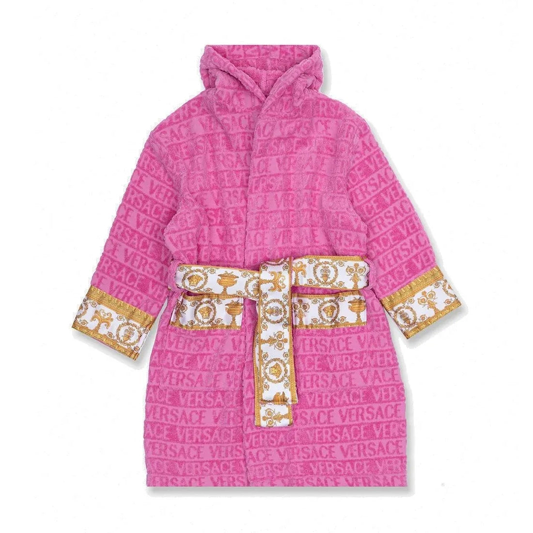 Versace Kids Belted Logo Monogram Hooded Robe in pink with gold baroque detailing, featuring an all-over Versace monogram print, a hooded design, and a belted waist, available at Lestyle Boutique.