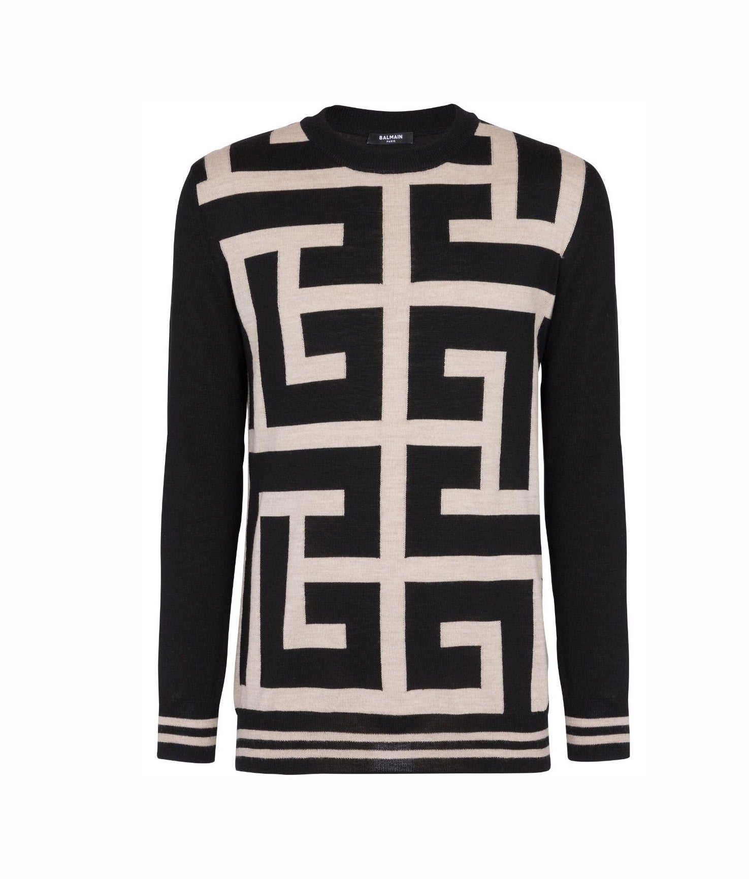 Balmain luxury men's jumper featuring a striking monogram print in black and cream. This premium wool piece showcases a round neck design and long sleeves, perfect for a sophisticated yet casual look. The high-quality merino wool ensures warmth and comfort, making it an ideal choice for stylish layering in cooler weather. Perfect for elevating your everyday wardrobe or for a chic night out, available at Lestyle Boutique Melbourne.