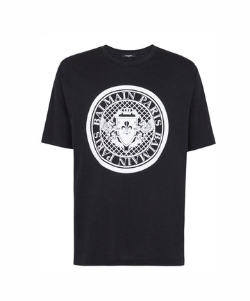 Balmain black t-shirt featuring a striking coin flock design that embodies luxury and style. This premium piece showcases short sleeves and a straight hem for a modern fit. Crafted with at least 50% organic materials, it reflects a commitment to quality and sustainability. Perfect for casual outings or elevating your everyday wardrobe, available at Lestyle Boutique Melbourne.