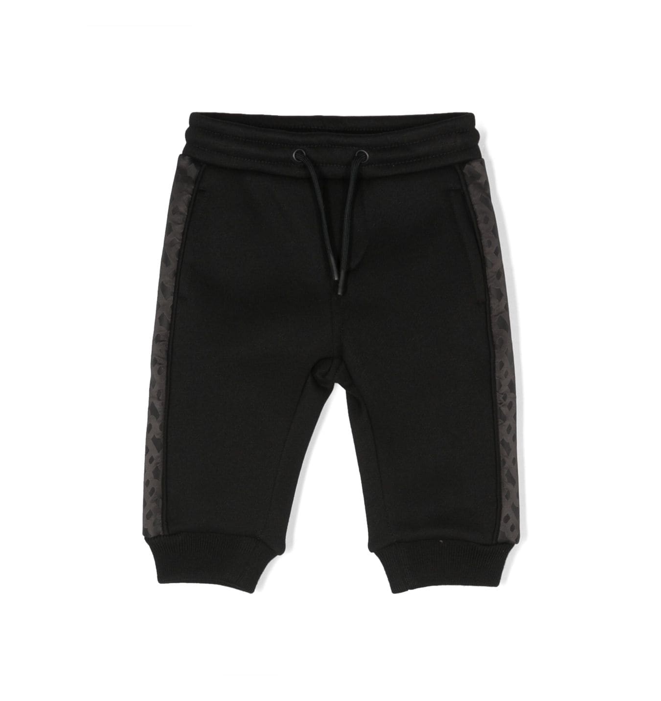 BOSS kidswear black stretch-cotton pants featuring a stylish monogram pattern and side stripe detailing. These premium designer pants offer a comfortable fit with an elasticated drawstring waistband and elasticated ankles, perfect for active toddlers. Ideal for casual outings or playdates, these pants combine luxury and functionality, available at Lestyle Boutique Melbourne.