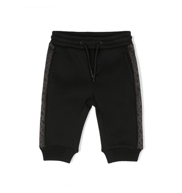 BOSS kidswear black stretch-cotton pants featuring a stylish monogram pattern and side stripe detailing. These premium designer pants offer a comfortable fit with an elasticated drawstring waistband and elasticated ankles, perfect for active toddlers. Ideal for casual outings or playdates, these pants combine luxury and functionality, available at Lestyle Boutique Melbourne.