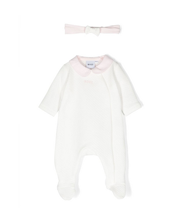 BOSS KIDSWEAR pyjama set featuring a soft white fabric with an embroidered logo on the front. This luxury children's sleepwear includes a classic hood and front zip fastening for easy wear. The design is complemented by ribbed cuffs and hem, elasticated waistbands, and tapered legs for a comfortable fit. Perfect for cozy nights, this premium set is ideal for young ones who appreciate style and comfort, available at Lestyle Boutique Melbourne.