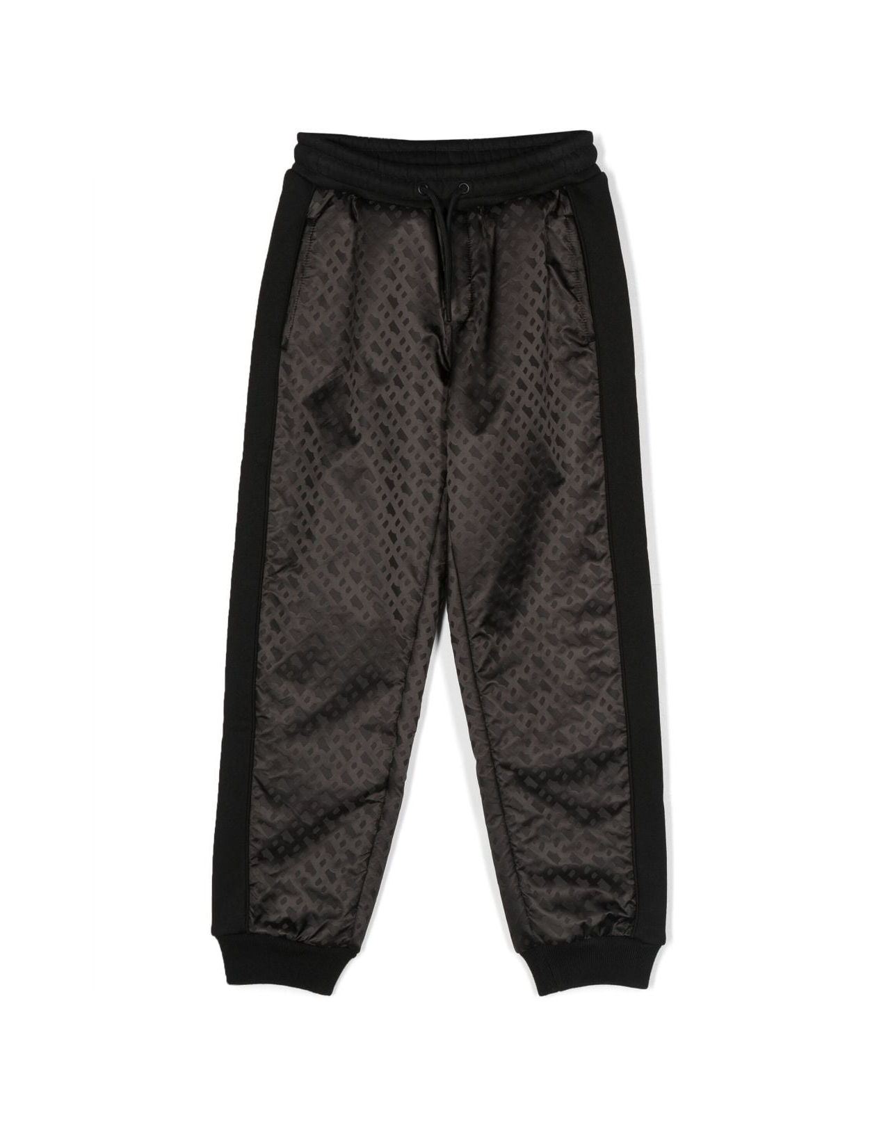 BOSS KIDS black track pants featuring a stylish mesh design and elasticated drawstring waistband. These premium children's pants are designed for comfort with ribbed cuffs and a straight leg fit. Ideal for active kids, these pants are perfect for casual outings or playdates, available at Lestyle Boutique Melbourne.