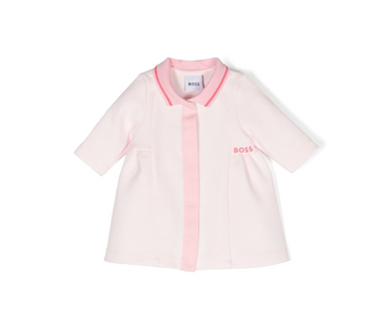BOSS kidswear polo dress in light pink, crafted from a premium cotton blend with a piqué weave. This stylish dress features an embroidered logo at the chest and a classic polo collar, ensuring a chic yet comfortable fit for young girls. The short sleeves and straight hem add a playful touch, making it perfect for casual outings or special occasions. Designed for quality and style, this luxury piece is a must-have for any fashionable child's wardrobe, available at Lestyle Boutique Melbourne.
