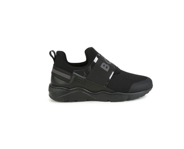 BOSS kidswear sneakers featuring a sleek black design with a logo print. These premium slip-on shoes are crafted for comfort and style, perfect for active children. The round toe and pull-tab at the heel ensure easy wear, while the rubber sole provides durability. Ideal for casual outings or playdates, these sneakers combine functionality with a trendy aesthetic, available at Lestyle Boutique Melbourne.