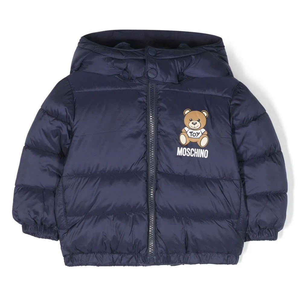 Navy blue puffer jacket with teddy bear logo on a white background