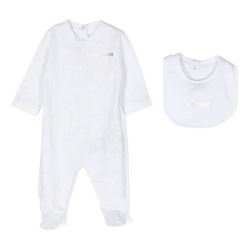 Balmain kids cotton baby grow set featuring a stylish all-over logo print in soft jersey texture. This premium designer outfit includes a round neck and long sleeves, perfect for comfort and style. The set comes with booties and a bib, making it ideal for little ones. Crafted with high-quality materials, this luxury piece is perfect for any occasion, available at Lestyle Boutique Melbourne.