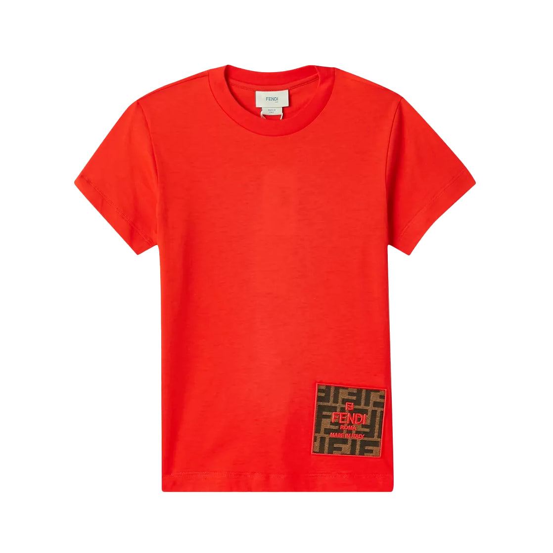 Fendi Kids red logo tag cotton T-shirt, available at Lestyle Boutique Melbourne. A stylish and comfortable choice for casual wear.