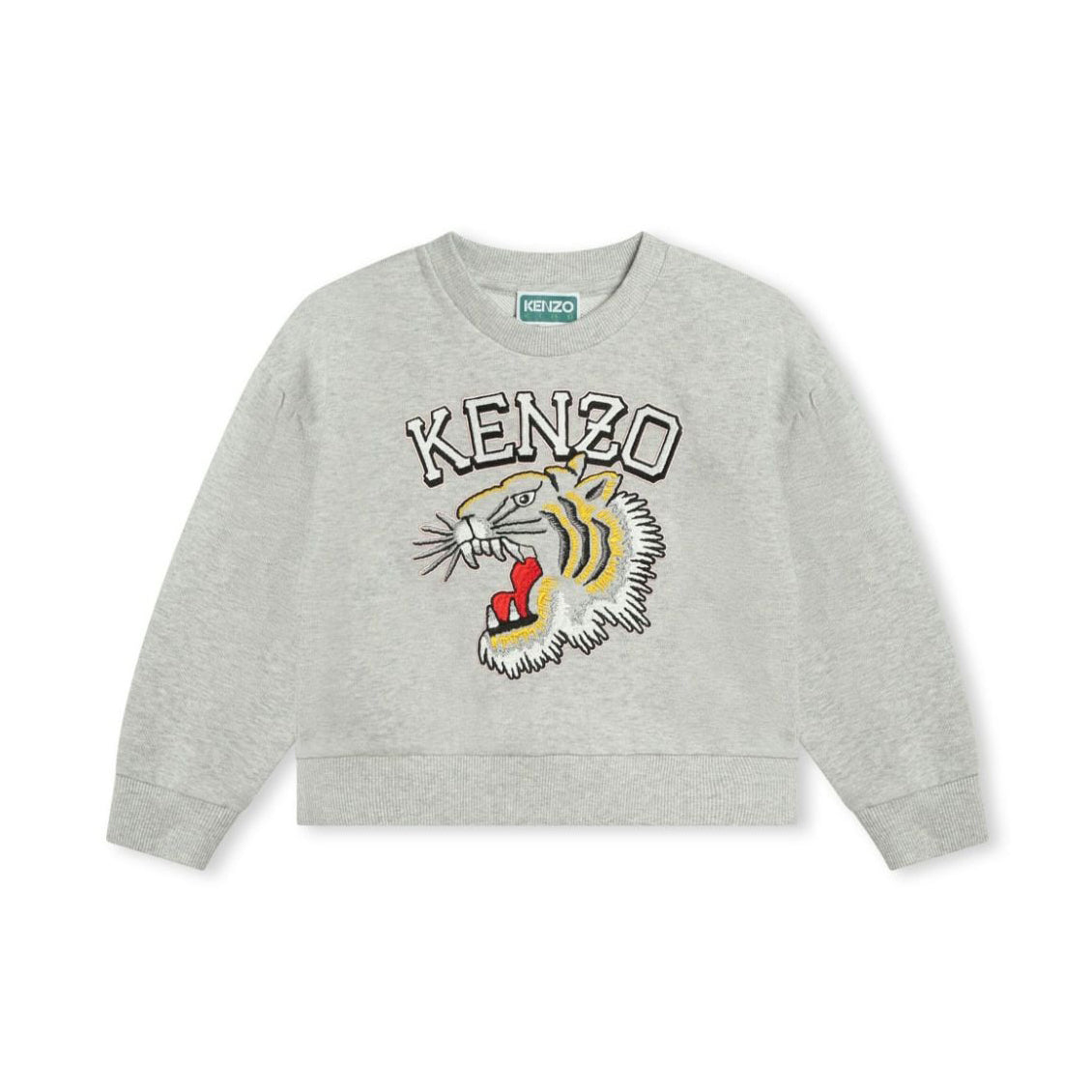 Kenzo Kids light grey sweatshirt featuring an embroidered Tiger motif, available at Lestyle Boutique. Perfect for a stylish and casual look.
