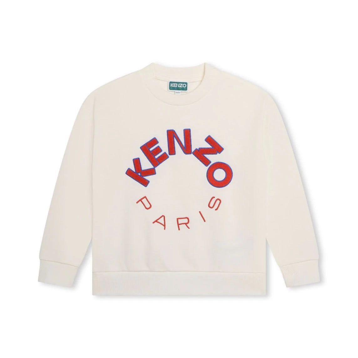 Kenzo Kids ivory sweatshirt with a red and blue embroidered logo, available at Lestyle Boutique. Perfect for a stylish everyday look.
