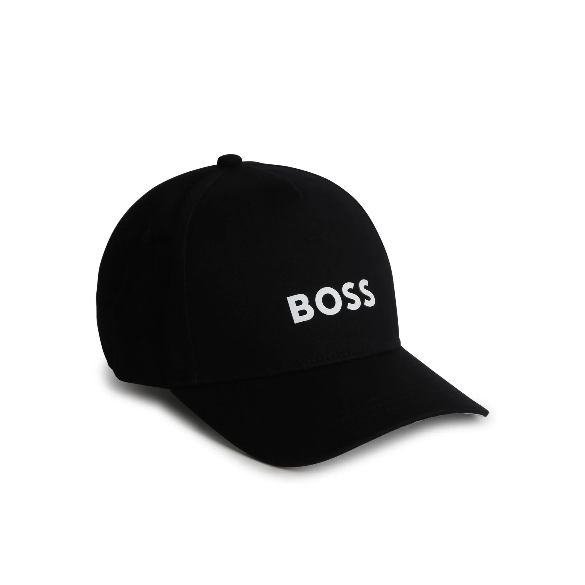 BOSS Kidswear black cotton cap featuring a bold appliqué logo on the front. This stylish accessory is designed with a curved peak and fabric-covered button, ensuring a comfortable fit for young wearers. The adjustable back strap allows for a perfect fit, making it ideal for everyday casual wear. Perfect for adding a trendy touch to any outfit, available at Lestyle Boutique Melbourne.