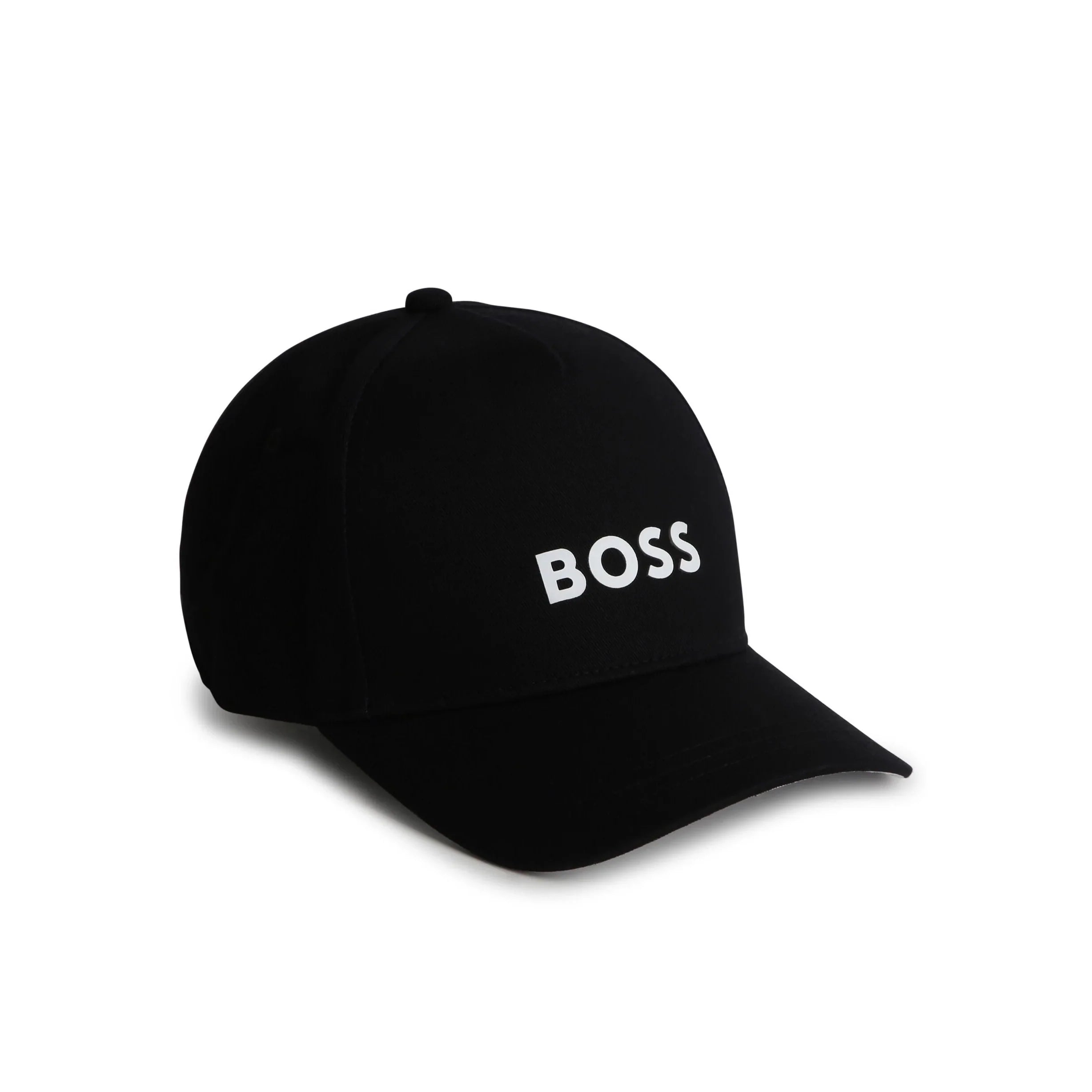 BOSS Kidswear black cotton cap featuring a bold appliqué logo on the front. This stylish accessory is designed with a curved peak and fabric-covered button, ensuring a comfortable fit for young wearers. The adjustable back strap allows for a perfect fit, making it ideal for everyday casual wear. Perfect for adding a trendy touch to any outfit, available at Lestyle Boutique Melbourne.
