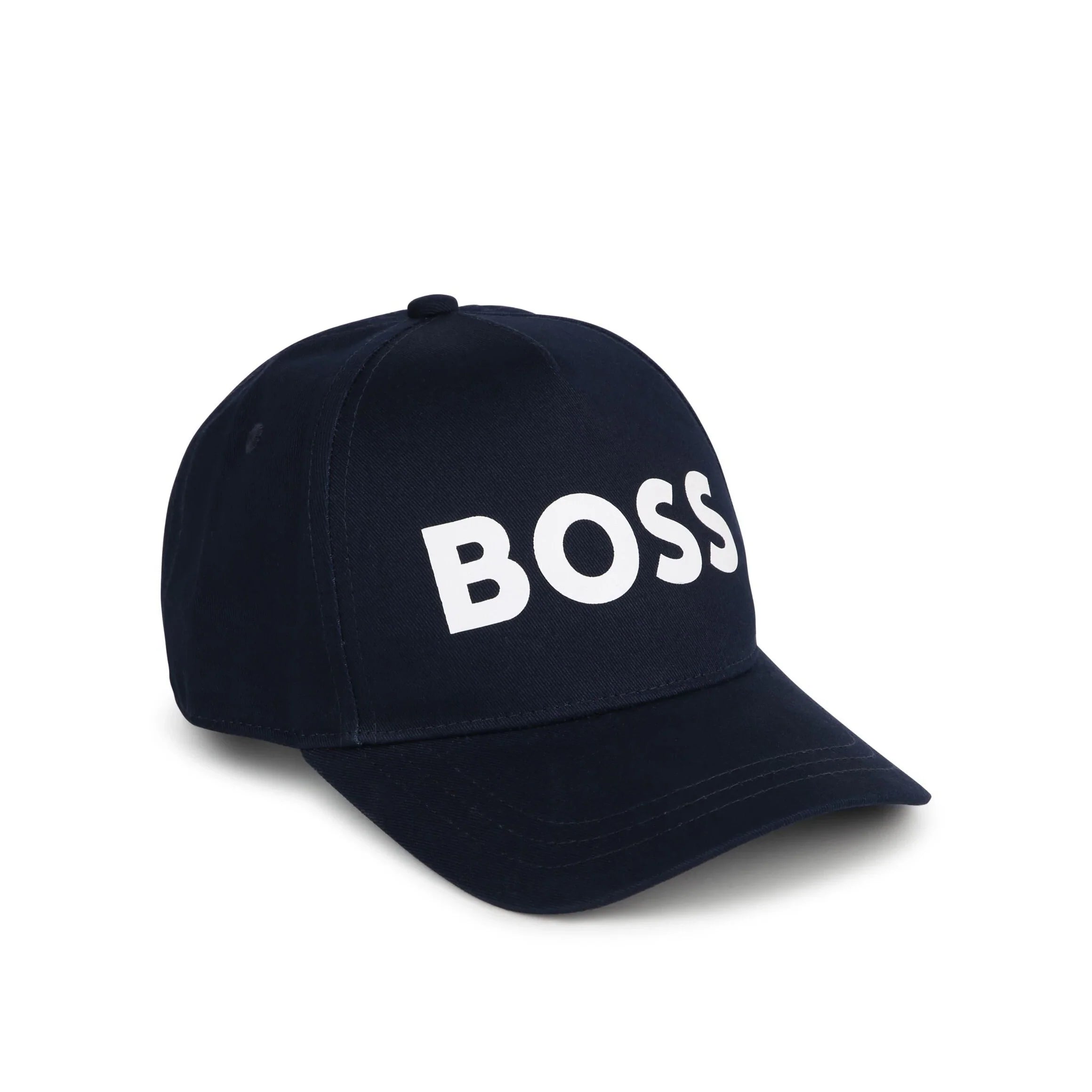BOSS Kidswear navy cotton cap featuring a bold front logo design. This stylish accessory is crafted from premium quality cotton, ensuring comfort and durability. The cap includes a curved peak and a fabric-covered button, along with an adjustable strap at the back for a perfect fit. Ideal for everyday wear, this designer piece is perfect for young fashion enthusiasts, available at Lestyle Boutique Melbourne.