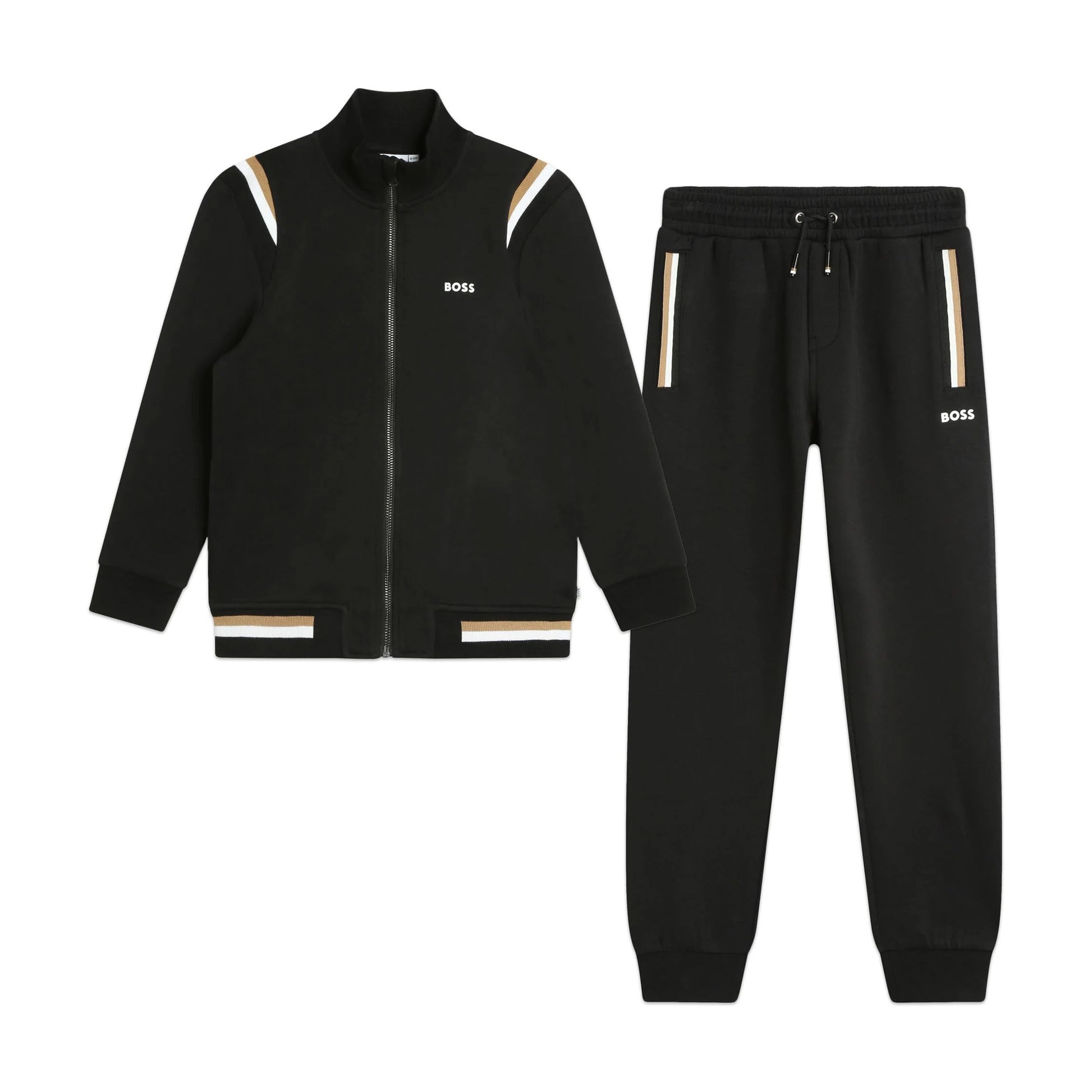 BOSS Kidswear cotton-blend tracksuit set in black with white and beige accents, available at Lestyle Boutique Melbourne.
