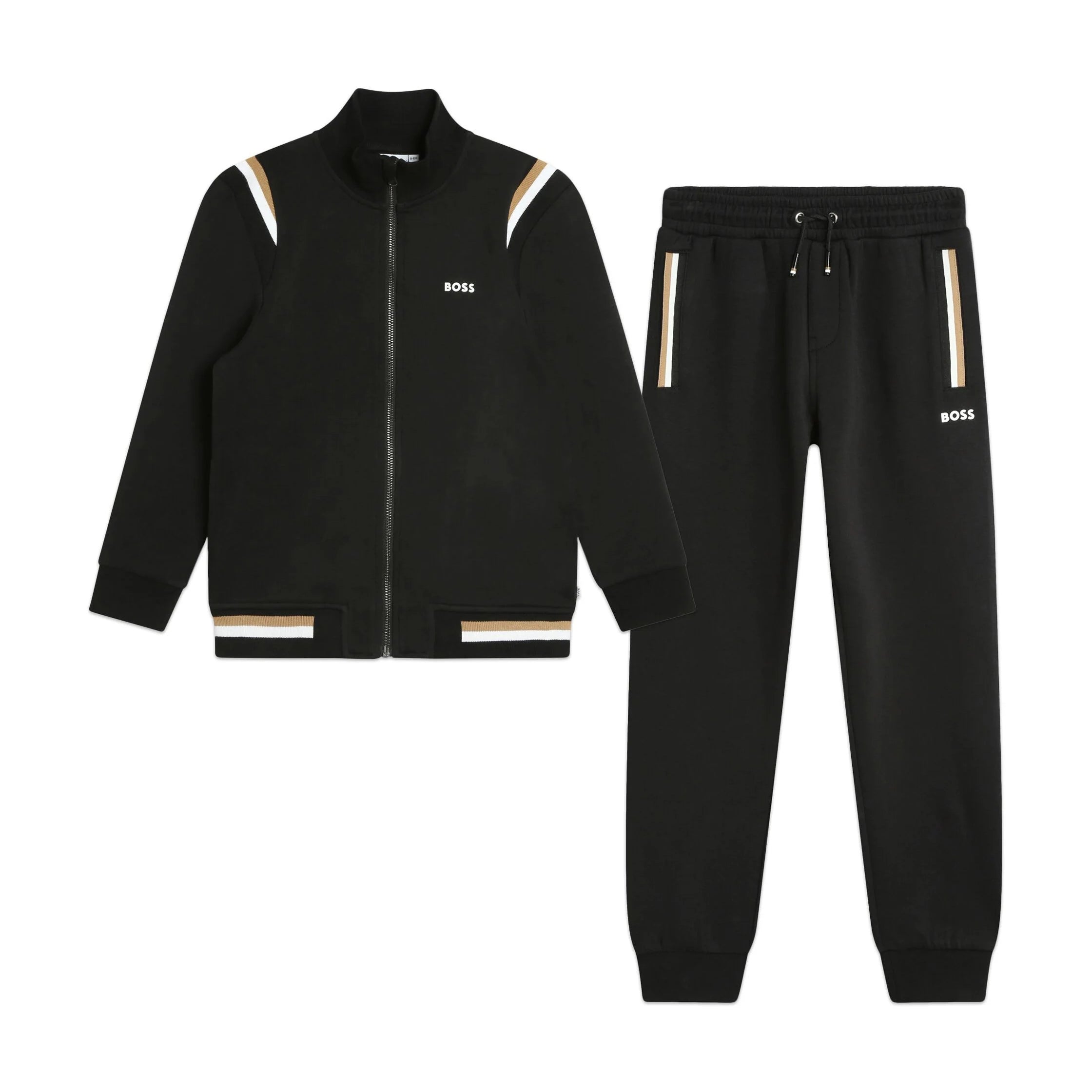 BOSS Kidswear cotton-blend tracksuit set in black with white and beige accents, available at Lestyle Boutique Melbourne.