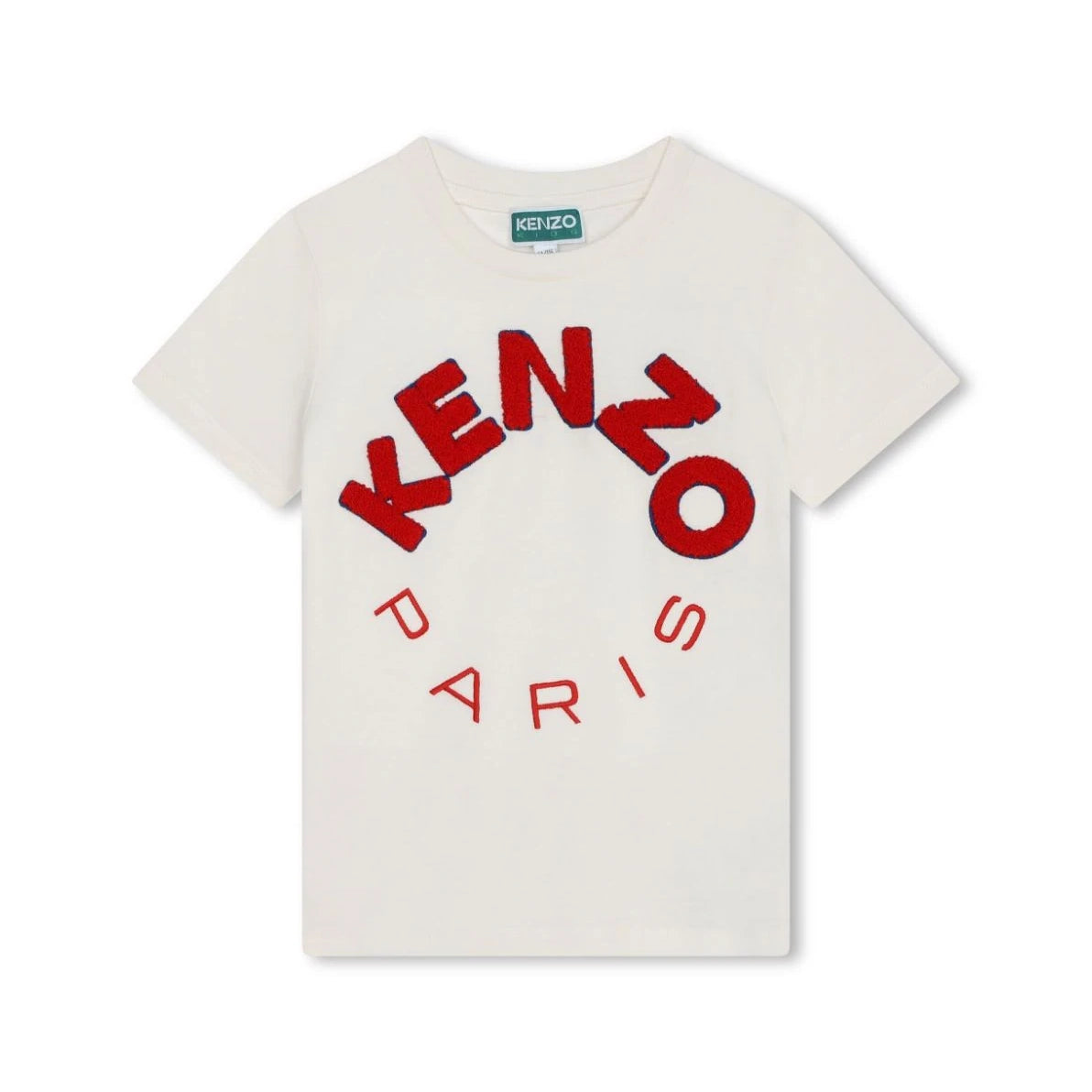 Kenzo Kids ivory T-shirt with red embroidered logo, available at Lestyle Boutique. Ideal for casual styling.