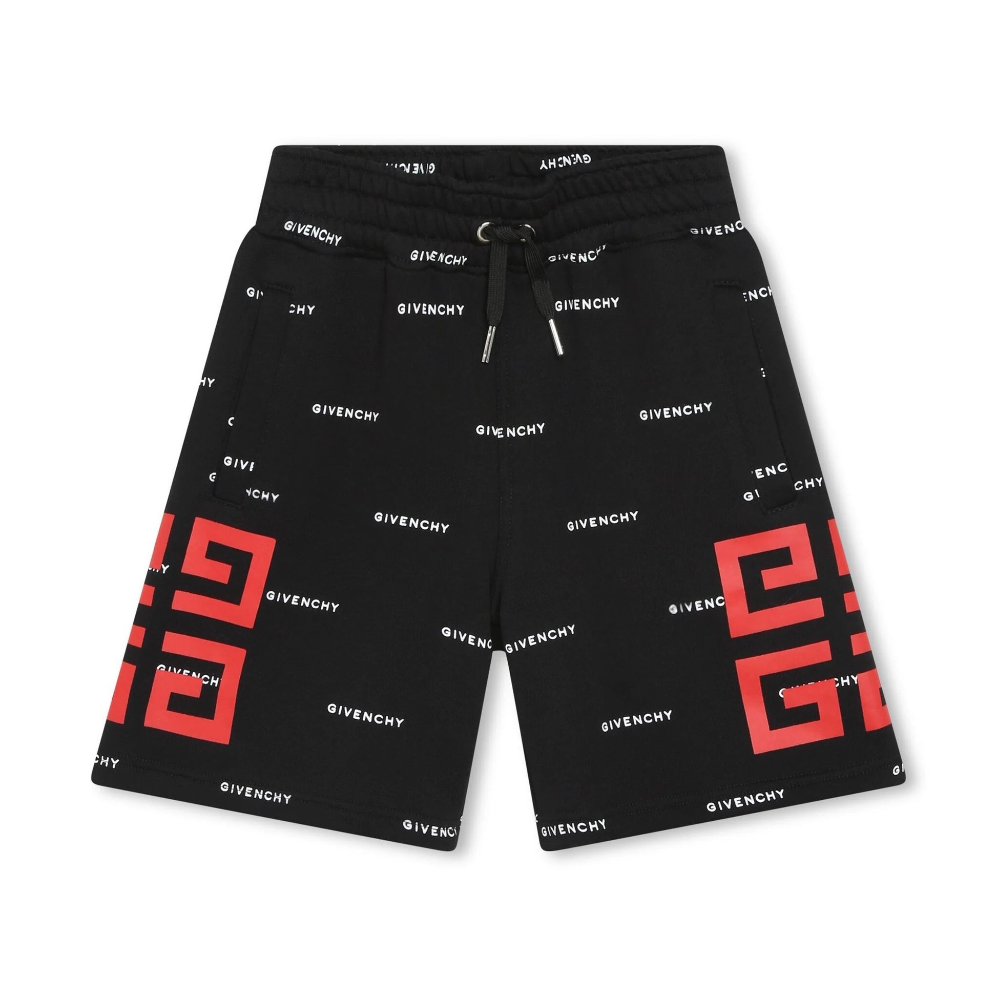 Black Givenchy Kids 4G logo-print track shorts with all-over print and red 4G motif, available at Lestyle Boutique Melbourne.