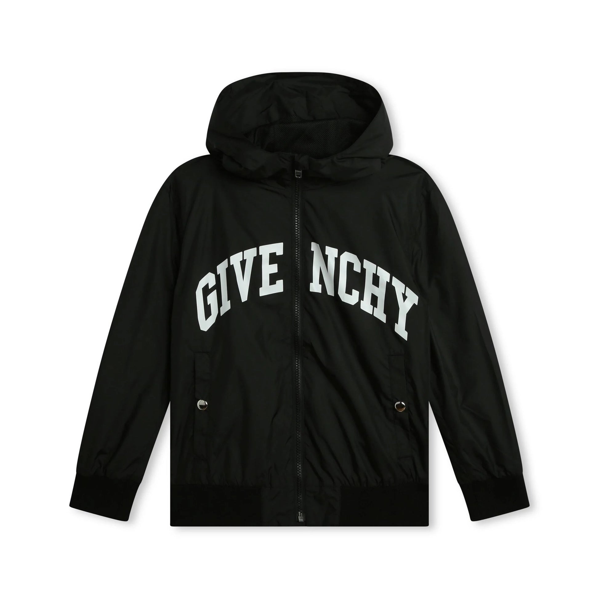 Black Givenchy Kids windbreaker jacket with a bold logo print, available at Lestyle Boutique Melbourne.
