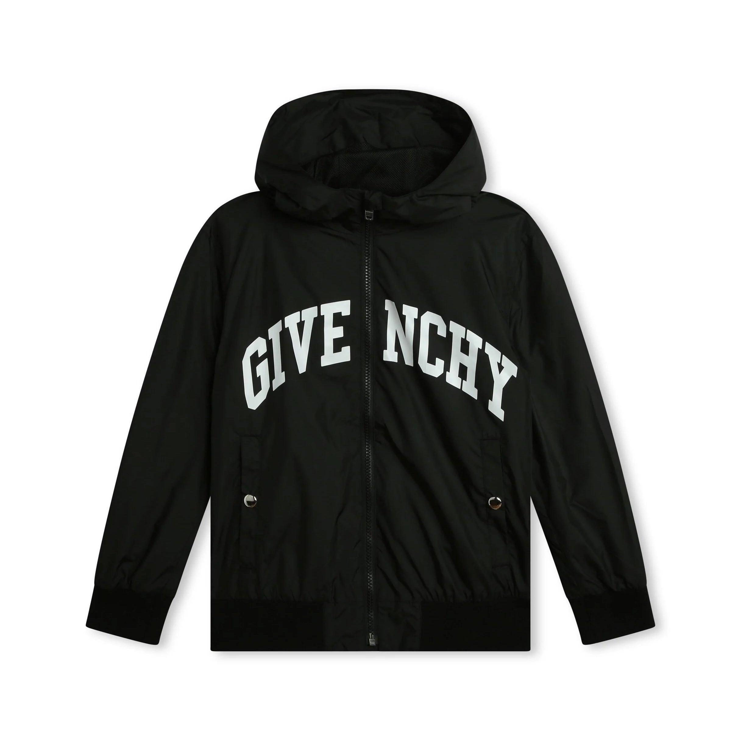 Black Givenchy Kids windbreaker jacket with a bold logo print, available at Lestyle Boutique Melbourne.