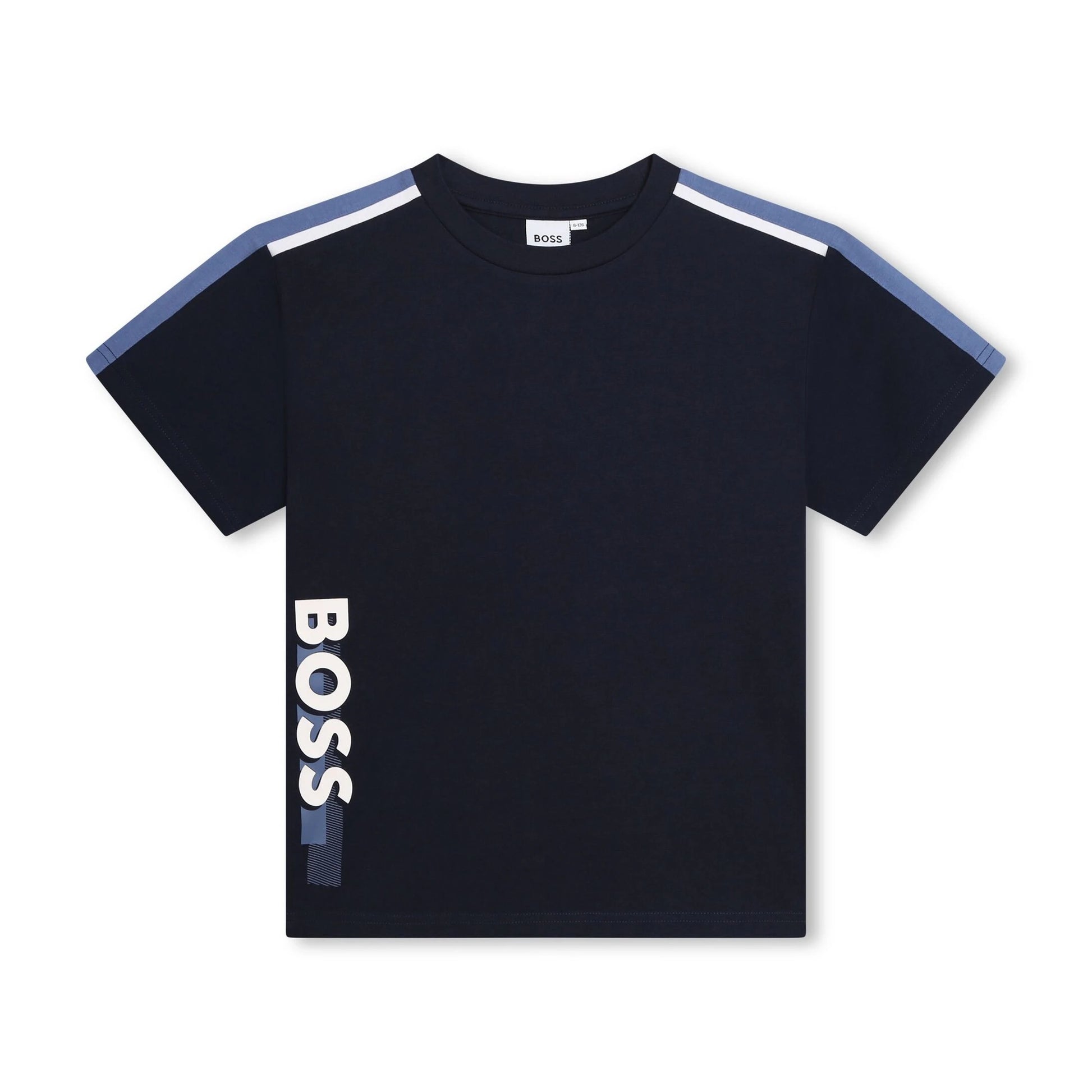 BOSS Kids navy and slate blue stripe-trim logo print T-shirt, available at Lestyle Boutique Melbourne.
