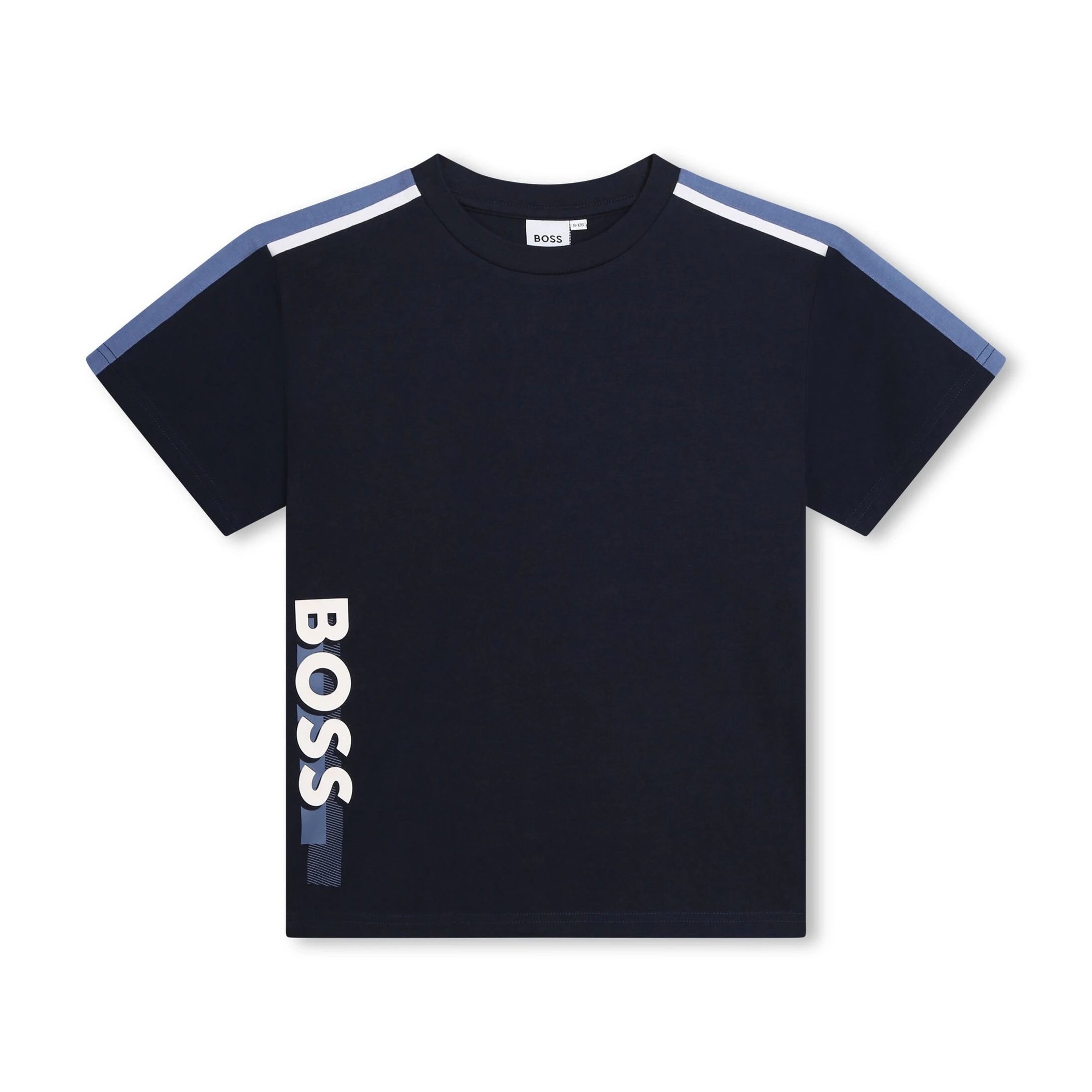 BOSS Kids navy and slate blue stripe-trim logo print T-shirt, available at Lestyle Boutique Melbourne.