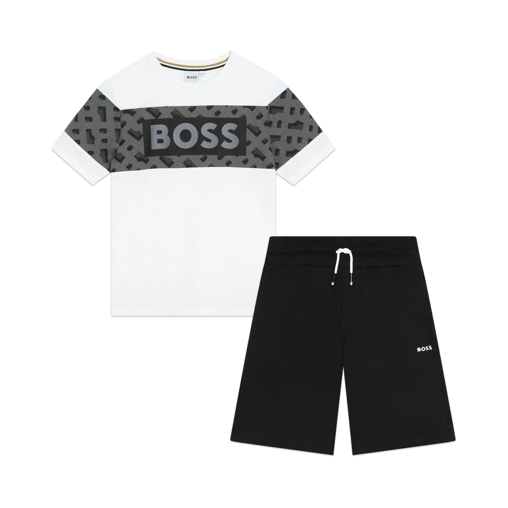BOSS Kidswear logo-print cotton tracksuit set in white and black, featuring a stylish T-shirt and shorts, available at Lestyle Boutique Melbourne.