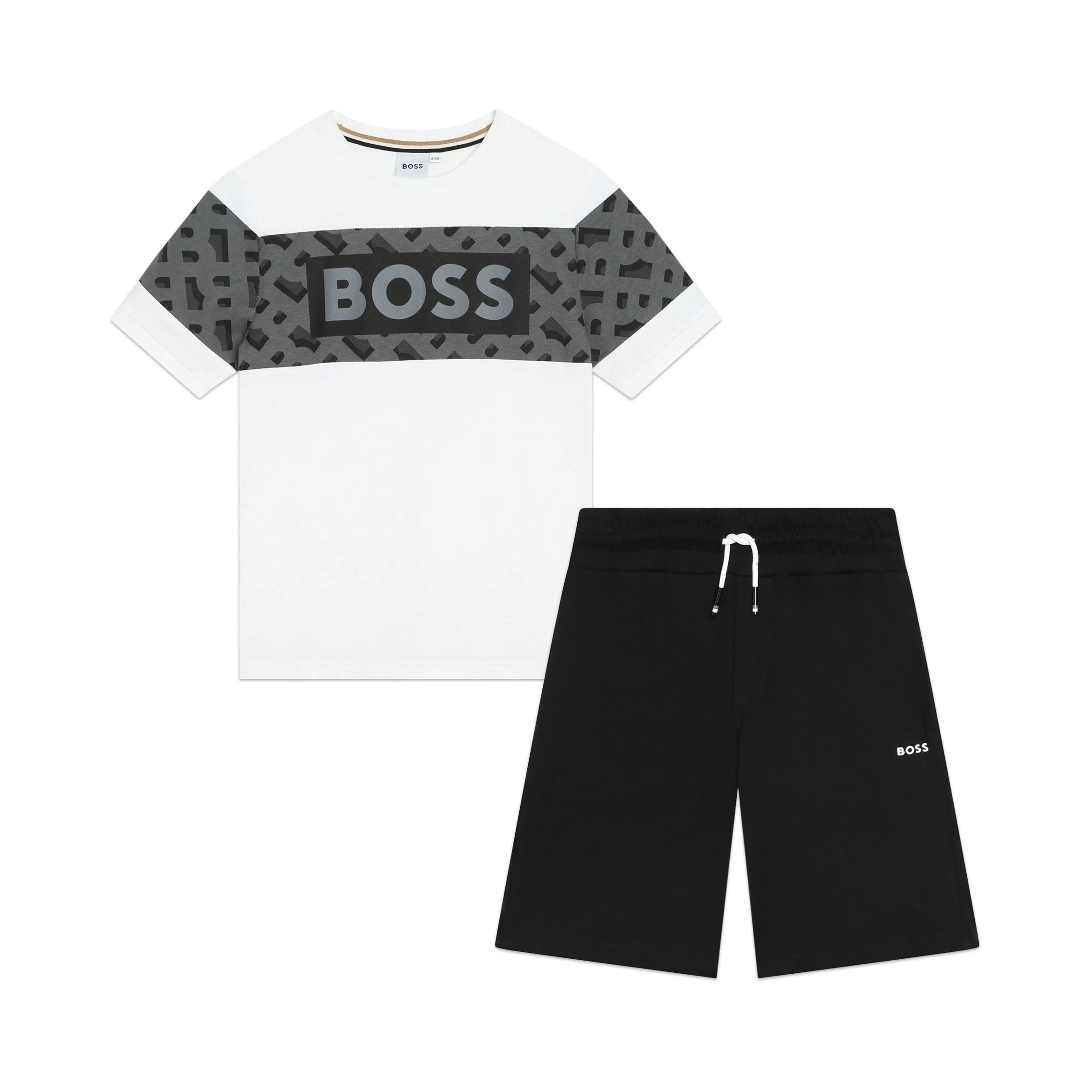 BOSS Kidswear logo-print cotton tracksuit set in white and black, featuring a stylish T-shirt and shorts, available at Lestyle Boutique Melbourne.