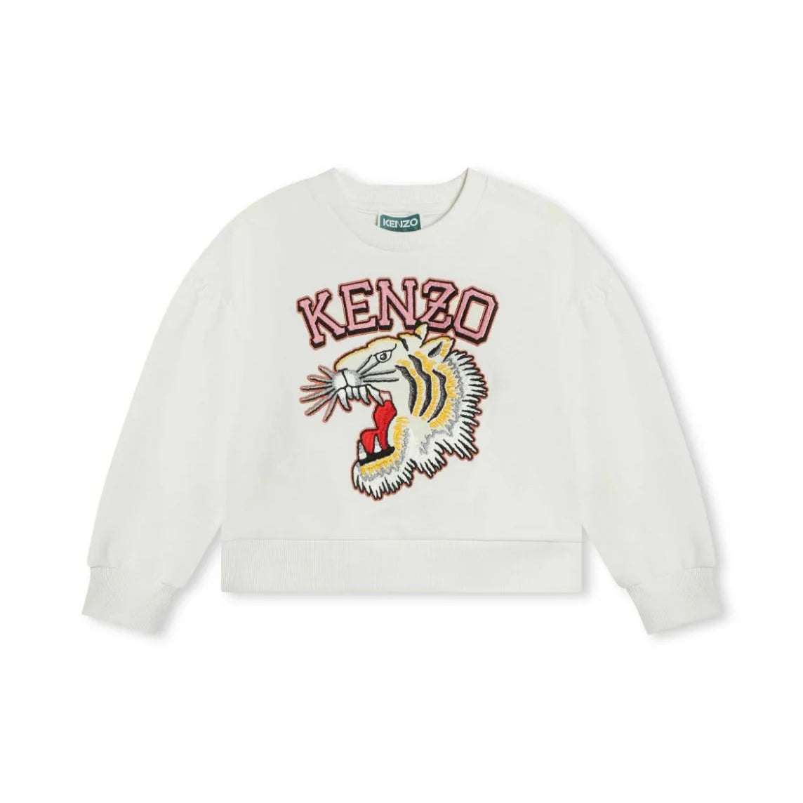 Kenzo Kids ivory sweatshirt with an embroidered Tiger Head motif, available at Lestyle Boutique. Perfect for a bold and stylish look.