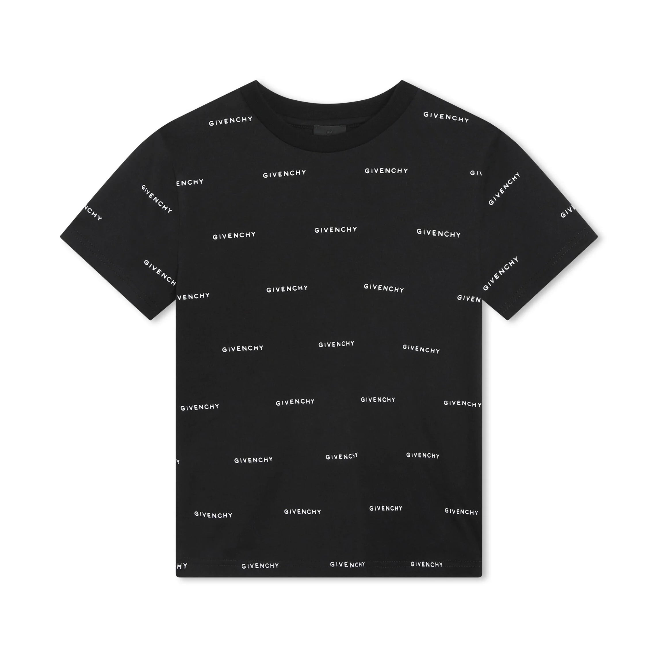 Black Givenchy Kids T-shirt with an all-over logo print, available at Lestyle Boutique Melbourne.