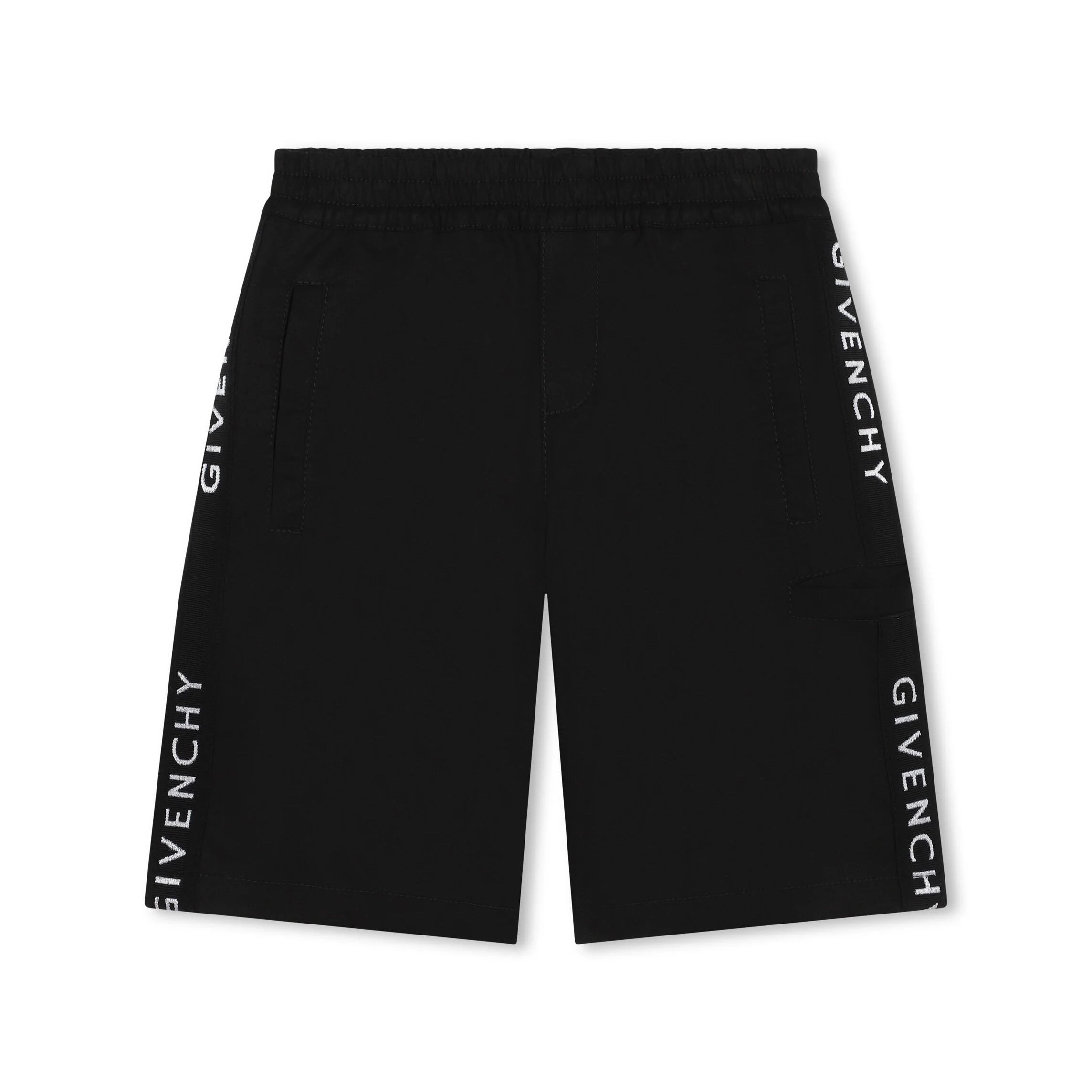 Black Givenchy Kids Bermuda shorts with logo tape detailing, available at Lestyle Boutique Melbourne.