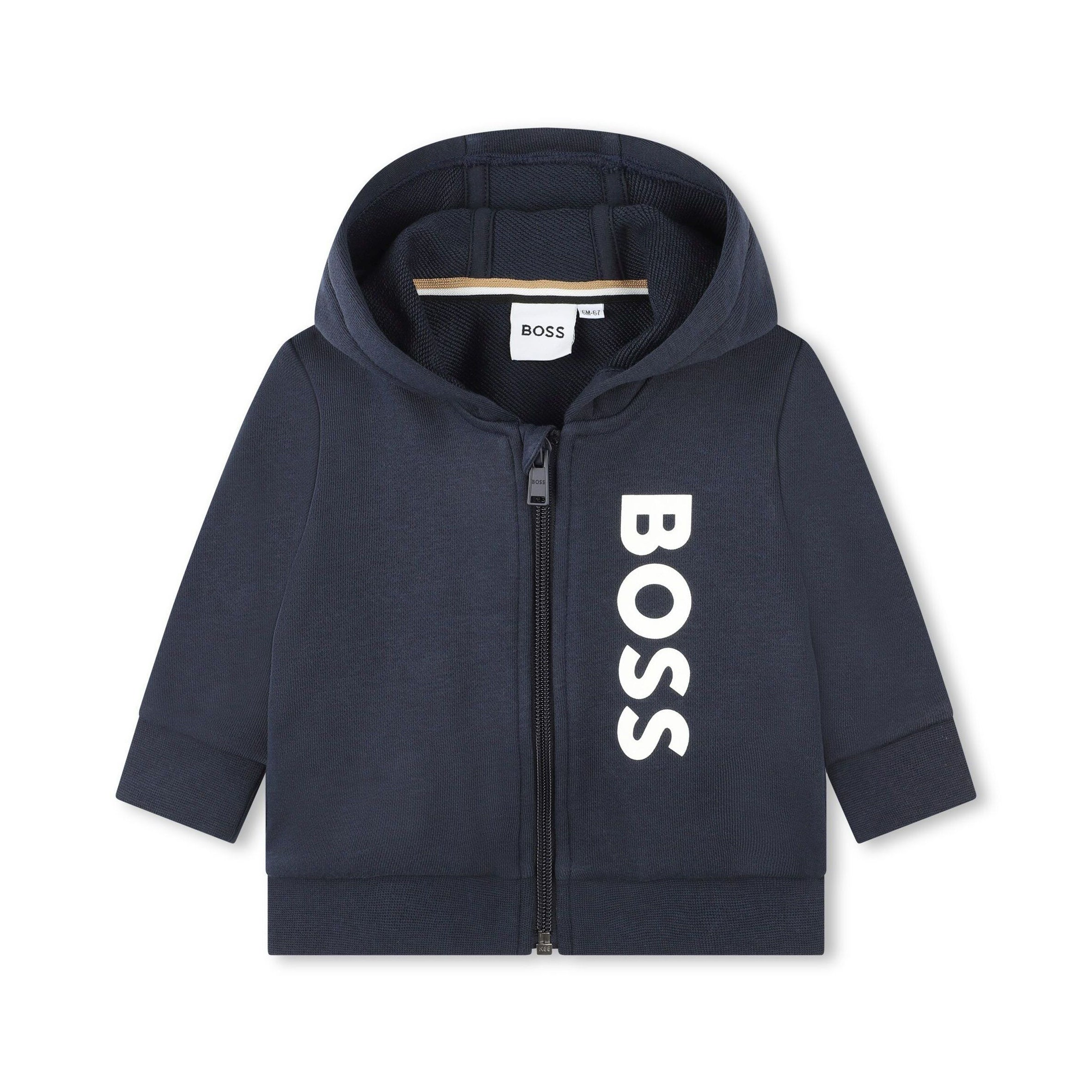 BOSS Kidswear cotton-blend hoodie in navy blue with a front logo print, available at Lestyle Boutique.