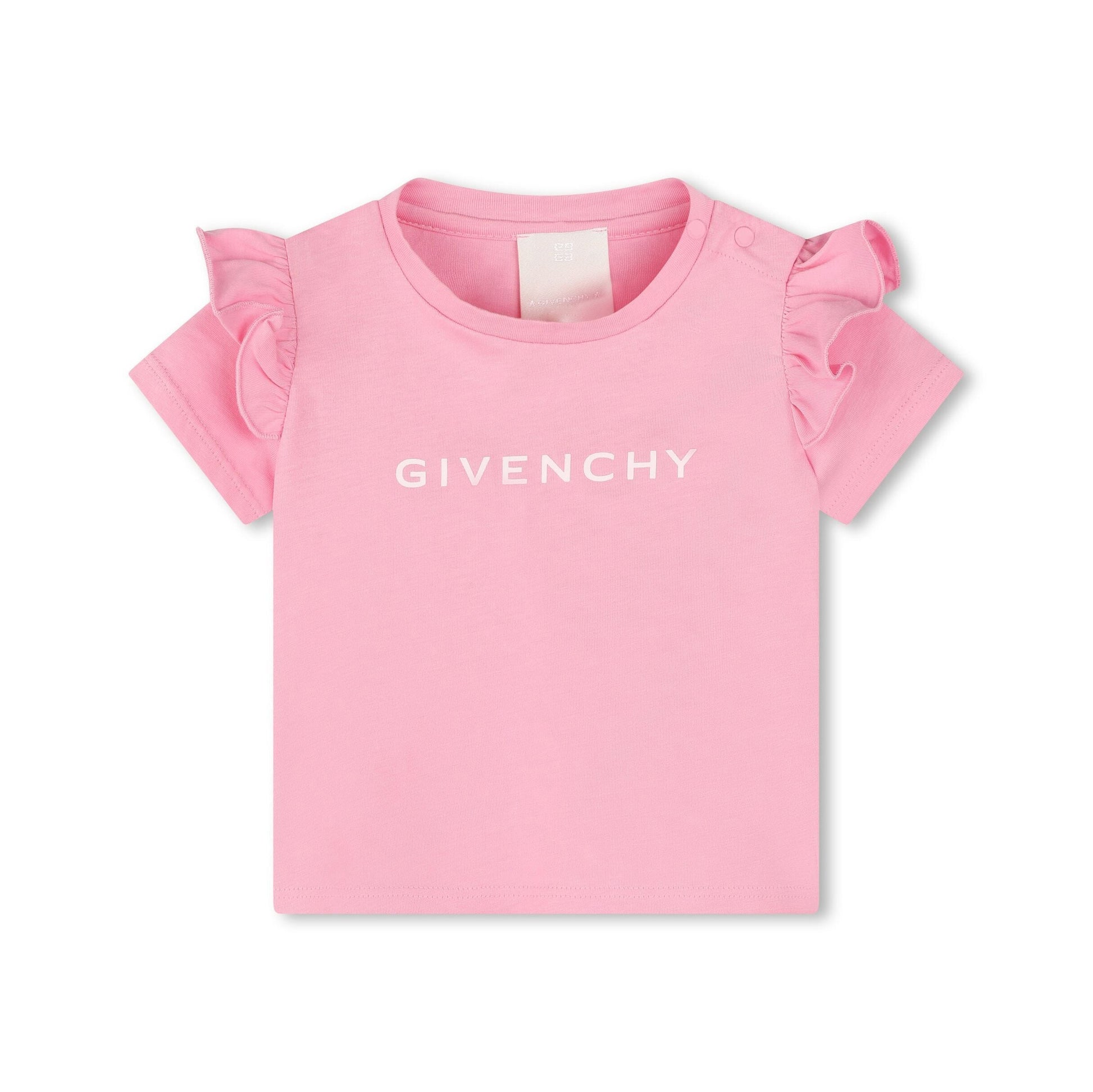 Givenchy Kids ruffled-detail cotton T-shirt in pink, featuring the 4G motif, available at Lestyle Boutique Melbourne.