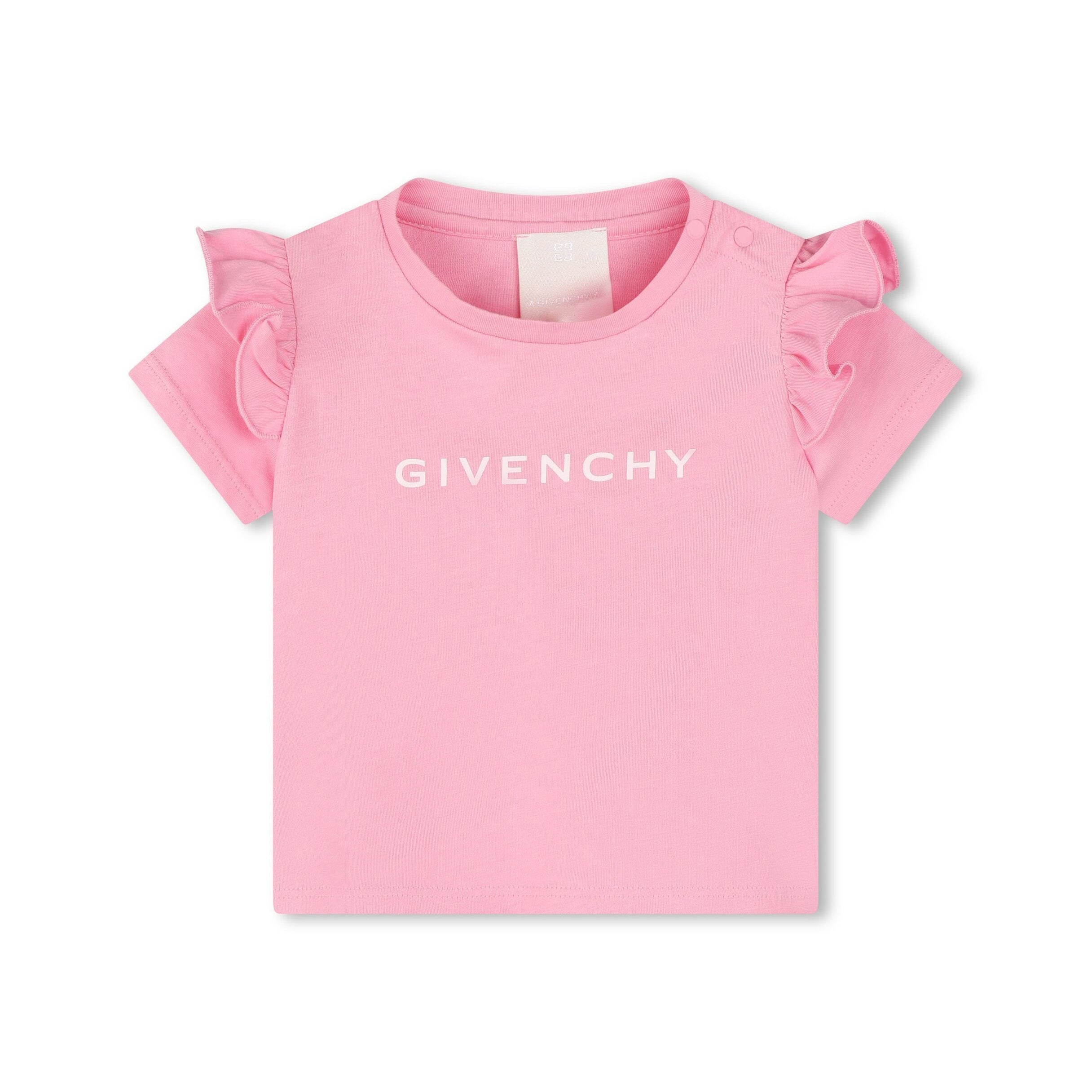 Givenchy Kids ruffled-detail cotton T-shirt in pink, featuring the 4G motif, available at Lestyle Boutique Melbourne.