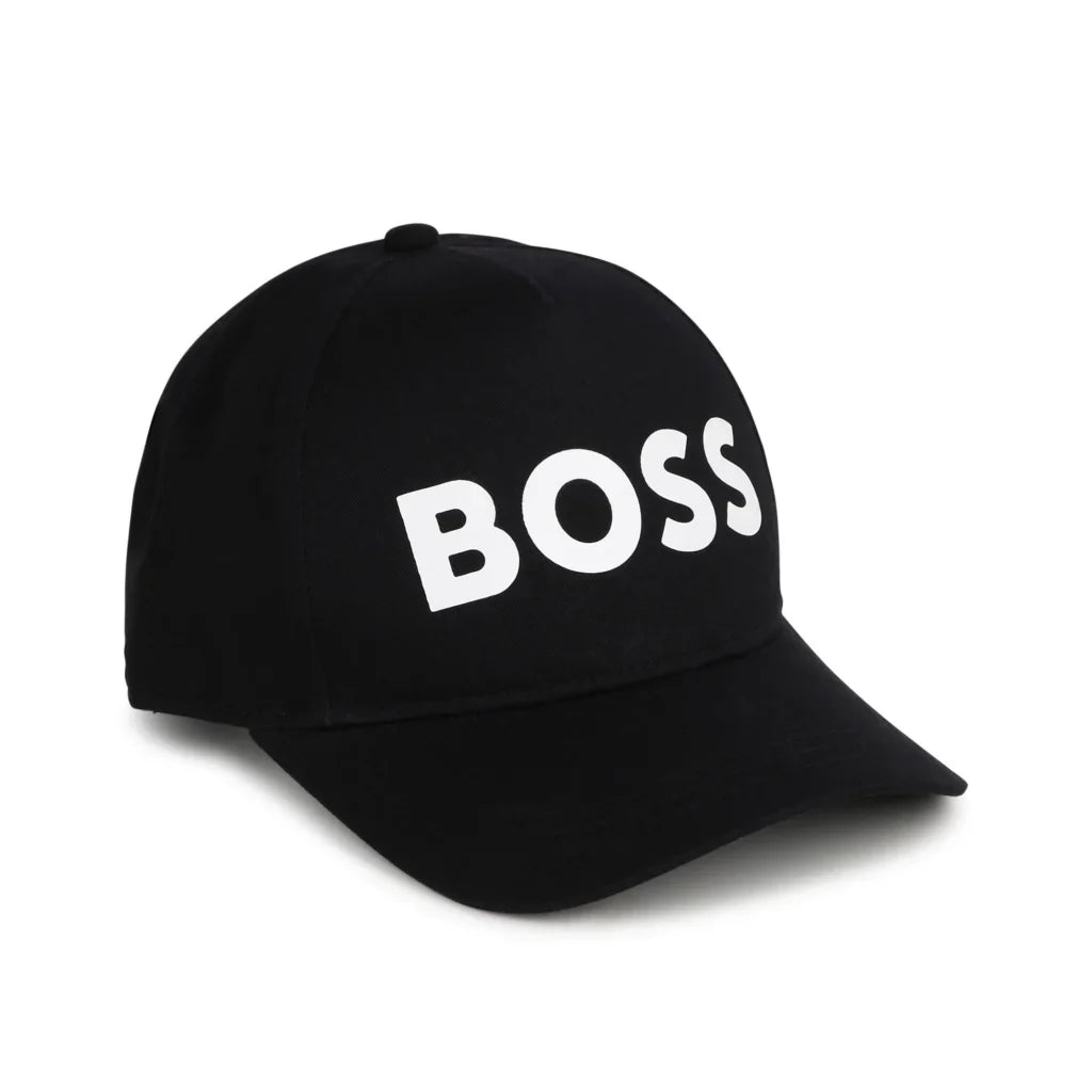 BOSS Kidswear black baseball cap featuring a bold logo print on the front. This stylish accessory is crafted from durable cotton, ensuring comfort and longevity. The cap showcases a classic curved brim design and an adjustable back strap for a perfect fit. Ideal for casual outings and sun protection, this premium piece is perfect for young fashion enthusiasts, available at Lestyle Boutique Melbourne.