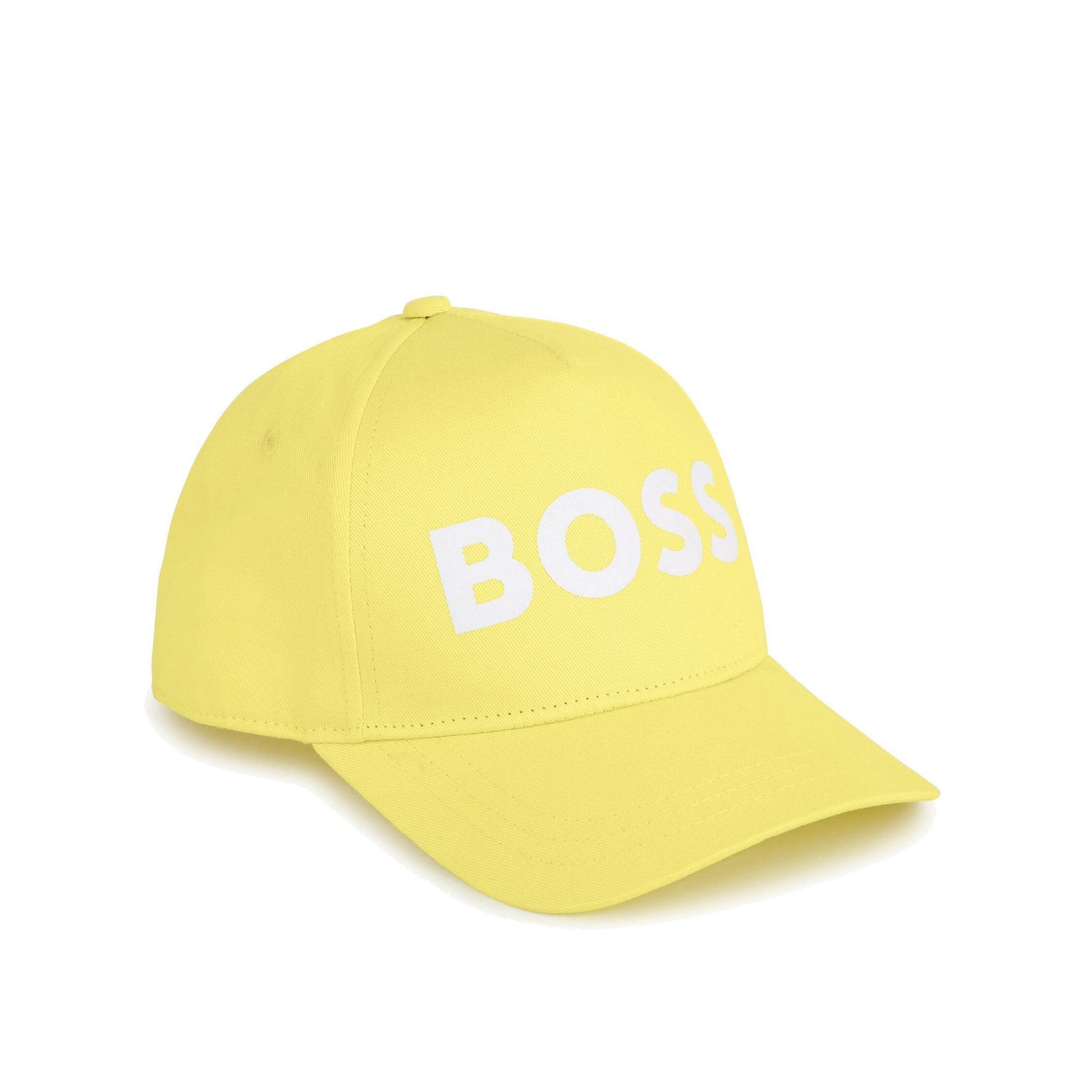 Vibrant BOSS Kidswear yellow cotton cap featuring a bold logo print on the front. This stylish accessory is designed for comfort and everyday wear, with a fabric-covered button and a curved peak. The adjustable strap at the back ensures a perfect fit for kids, making it an ideal choice for casual outings or playdates. Elevate your child's wardrobe with this premium designer piece, available at Lestyle Boutique Melbourne.