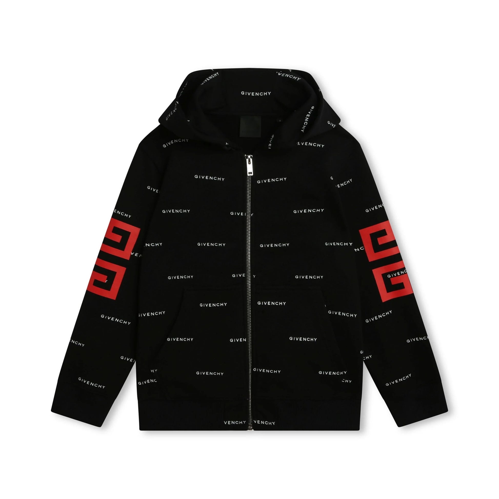 Givenchy Kids black zip-up hoodie with all-over logo pattern and 4G motif, available at Lestyle Boutique Melbourne.