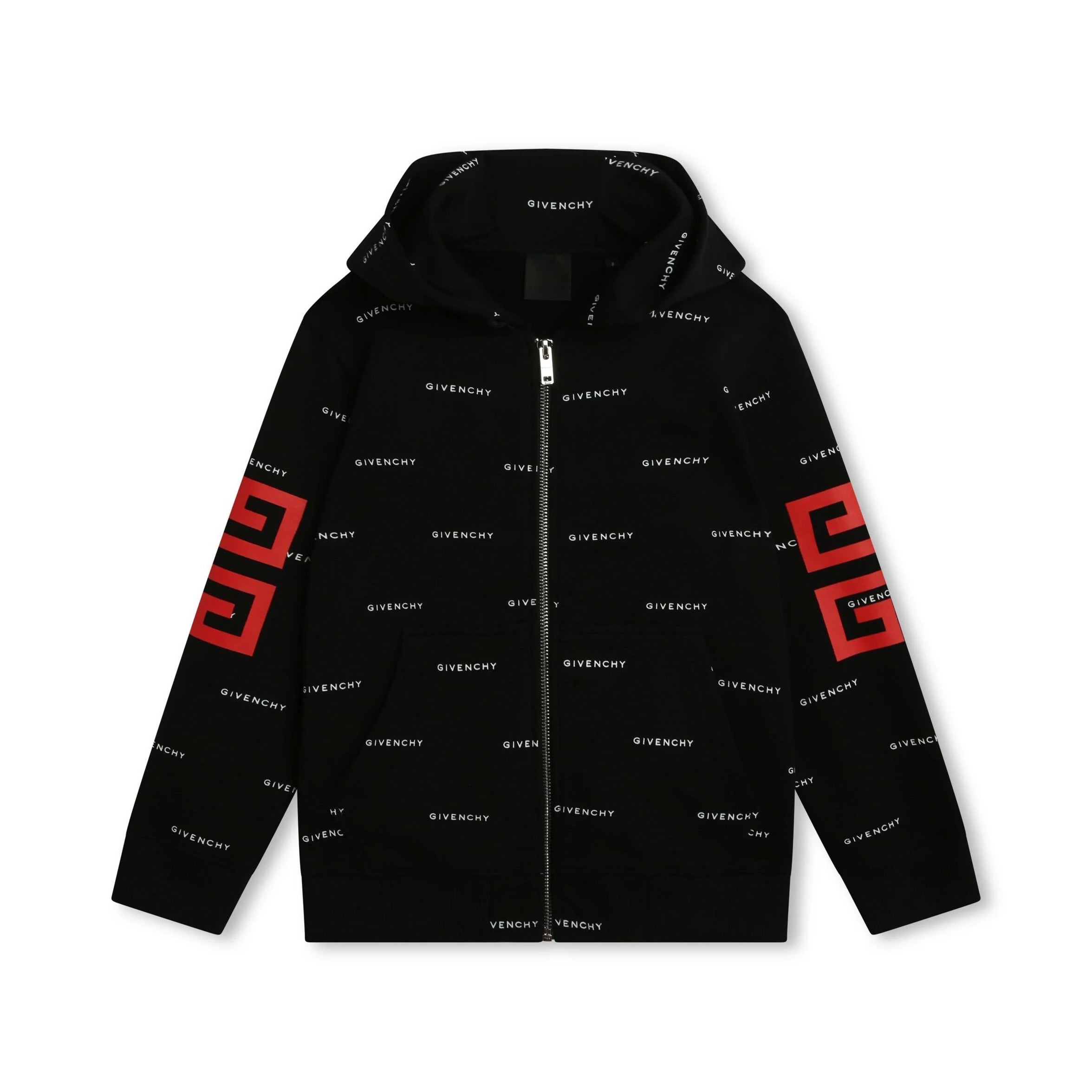 Givenchy Kids black zip-up hoodie with all-over logo pattern and 4G motif, available at Lestyle Boutique Melbourne.
