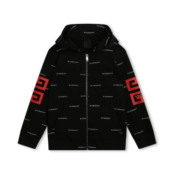 Givenchy Kids black zip-up hoodie with all-over logo pattern and 4G motif, available at Lestyle Boutique Melbourne.