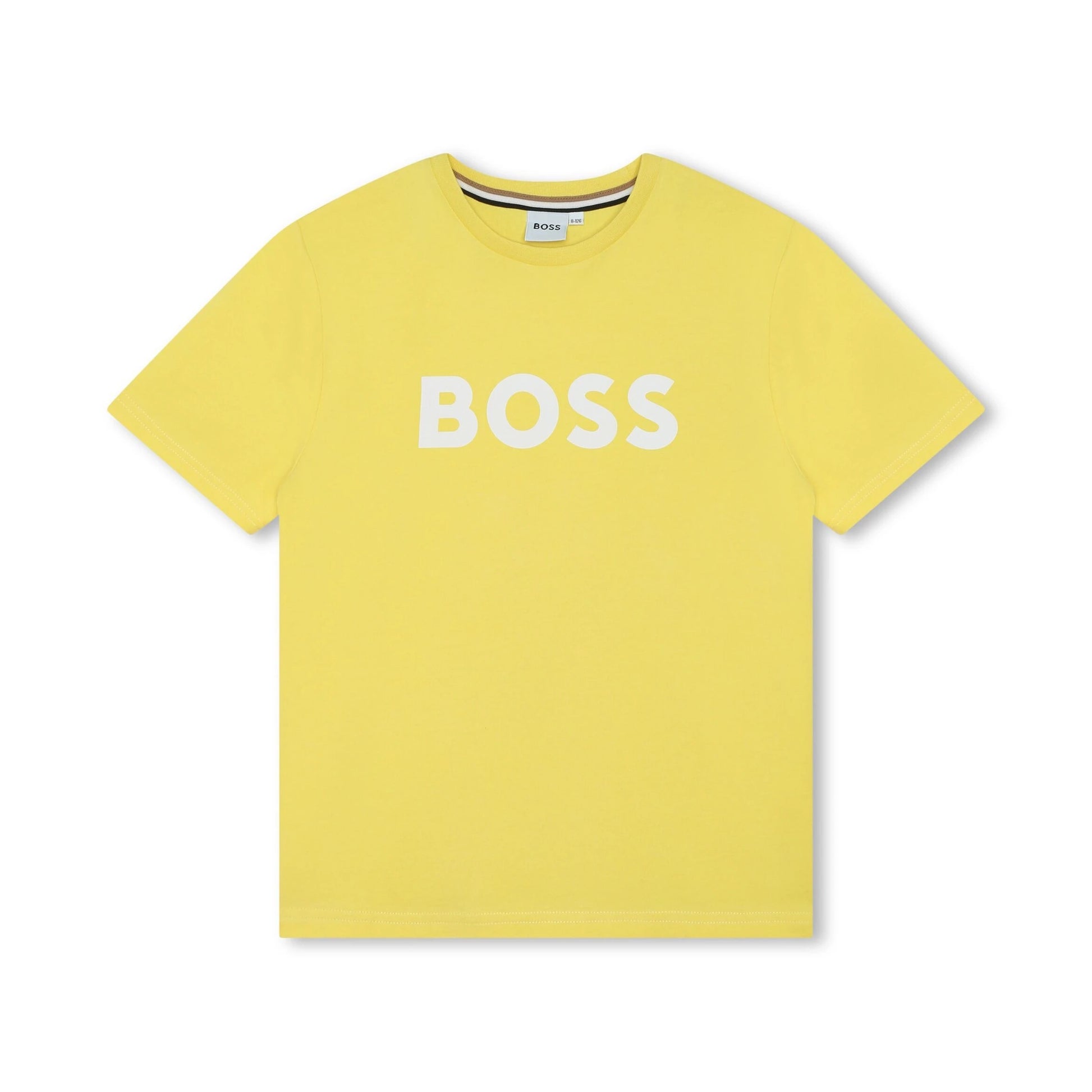 Brighten up any wardrobe with the BOSS Kids Logo Print T-Shirt in lemon yellow. This cotton tee features a bold BOSS logo on the front, combining comfort and style for casual outings. Material: 100% Cotton Color: Lemon Yellow Fit: Regular fit Details: Round neck; Short sleeves; Straight hem; Logo print on the front Care Instructions: Machine washable
