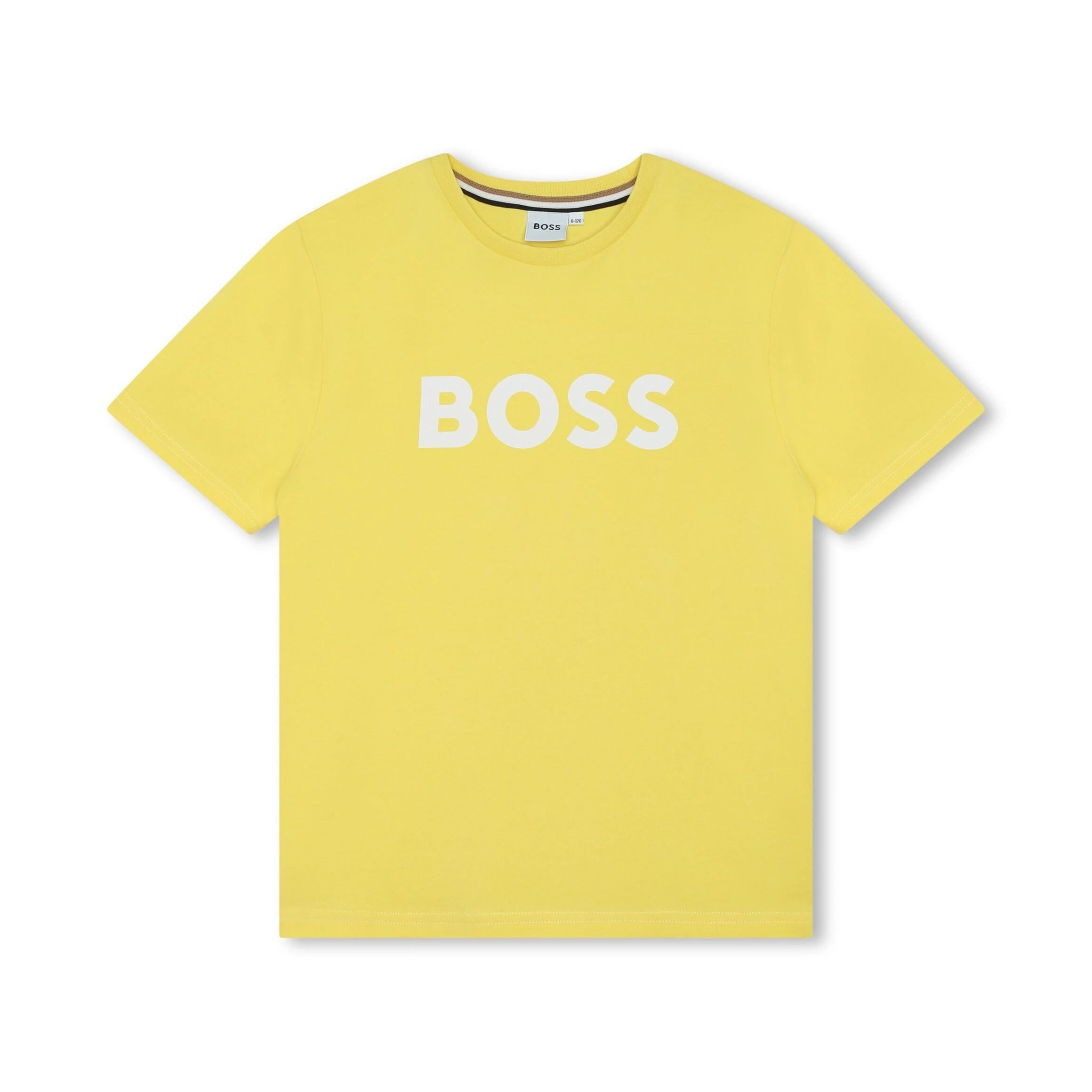 Brighten up any wardrobe with the BOSS Kids Logo Print T-Shirt in lemon yellow. This cotton tee features a bold BOSS logo on the front, combining comfort and style for casual outings. Material: 100% Cotton Color: Lemon Yellow Fit: Regular fit Details: Round neck; Short sleeves; Straight hem; Logo print on the front Care Instructions: Machine washable