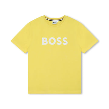 Brighten up any wardrobe with the BOSS Kids Logo Print T-Shirt in lemon yellow. This cotton tee features a bold BOSS logo on the front, combining comfort and style for casual outings. Material: 100% Cotton Color: Lemon Yellow Fit: Regular fit Details: Round neck; Short sleeves; Straight hem; Logo print on the front Care Instructions: Machine washable