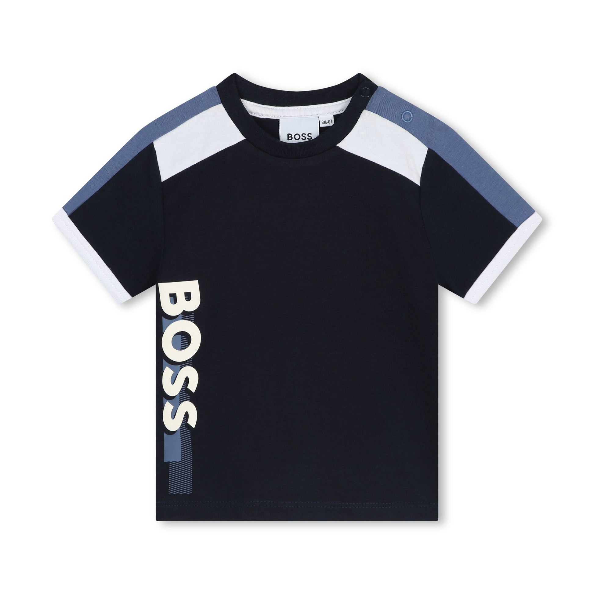BOSS Kidswear navy blue panelled logo-print T-shirt, available at Lestyle Boutique.