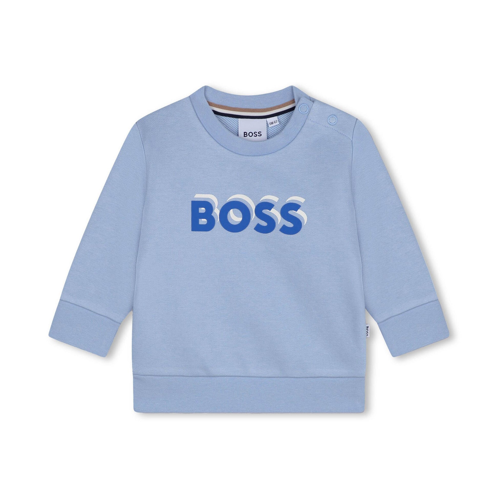 BOSS Kidswear light blue crew-neck sweatshirt with logo print, available at Lestyle Boutique.
