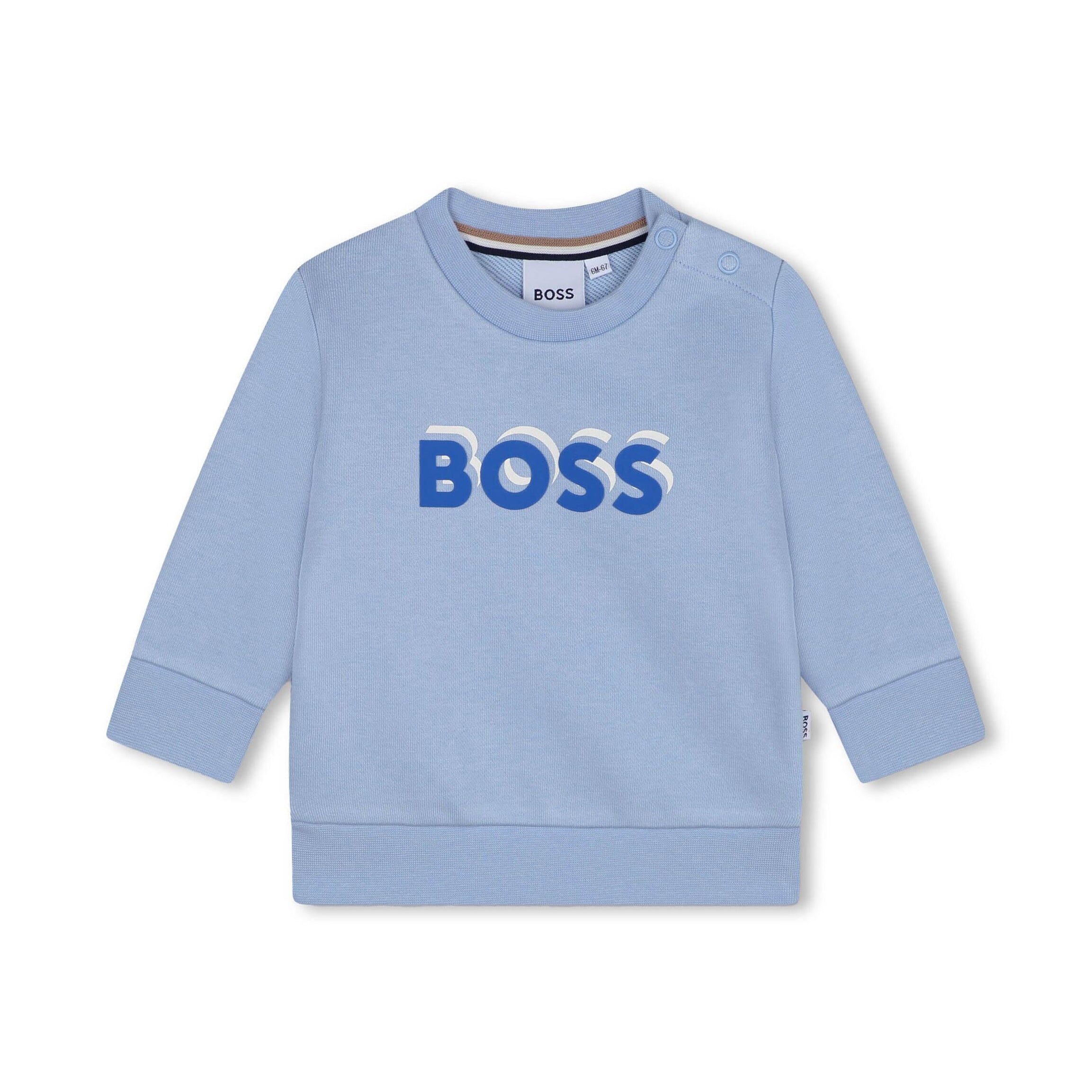 BOSS Kidswear light blue crew-neck sweatshirt with logo print, available at Lestyle Boutique.